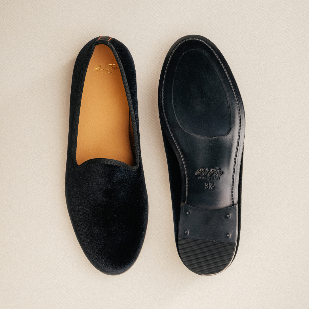 Del Toro Shoes Men's Black Velvet Slipper II With Black Grosgrain Stripe