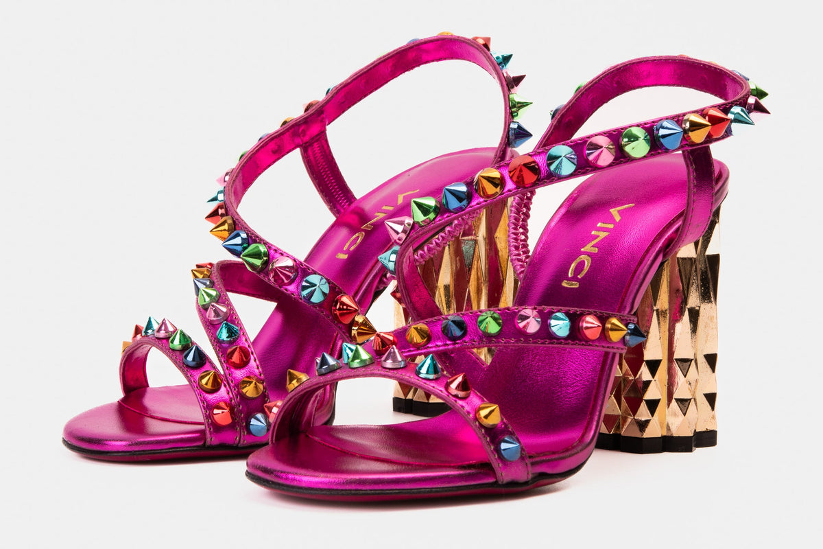 Vinci Leather The Caris Fuchsia Block Heel Spike Leather Women Sandal Final Sale! – product view 2