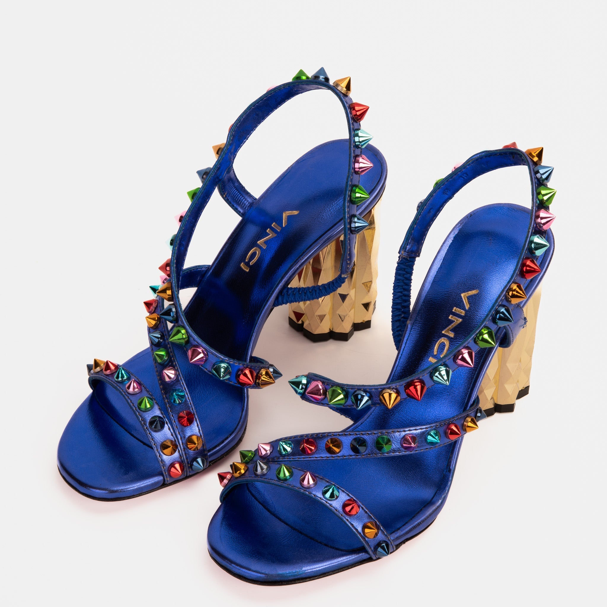 The Caris Sax Blue Block Heel Spike Leather Women Sandal Final Sale!