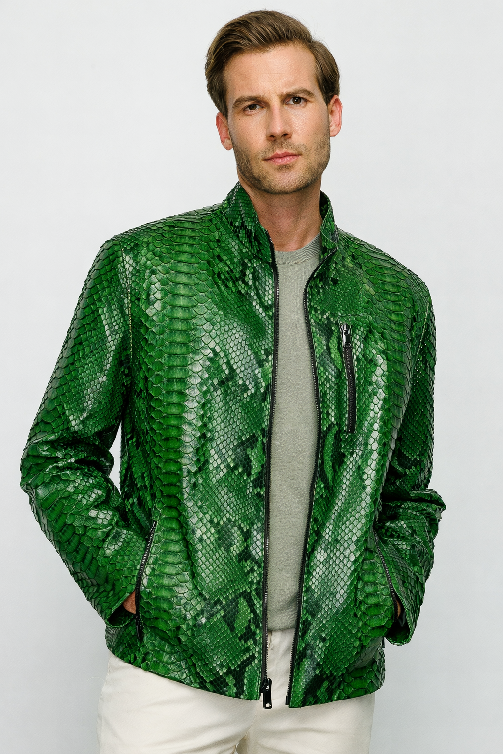 The Boss Pythn Green Leather Men Jacket Exclusive Limited Edition