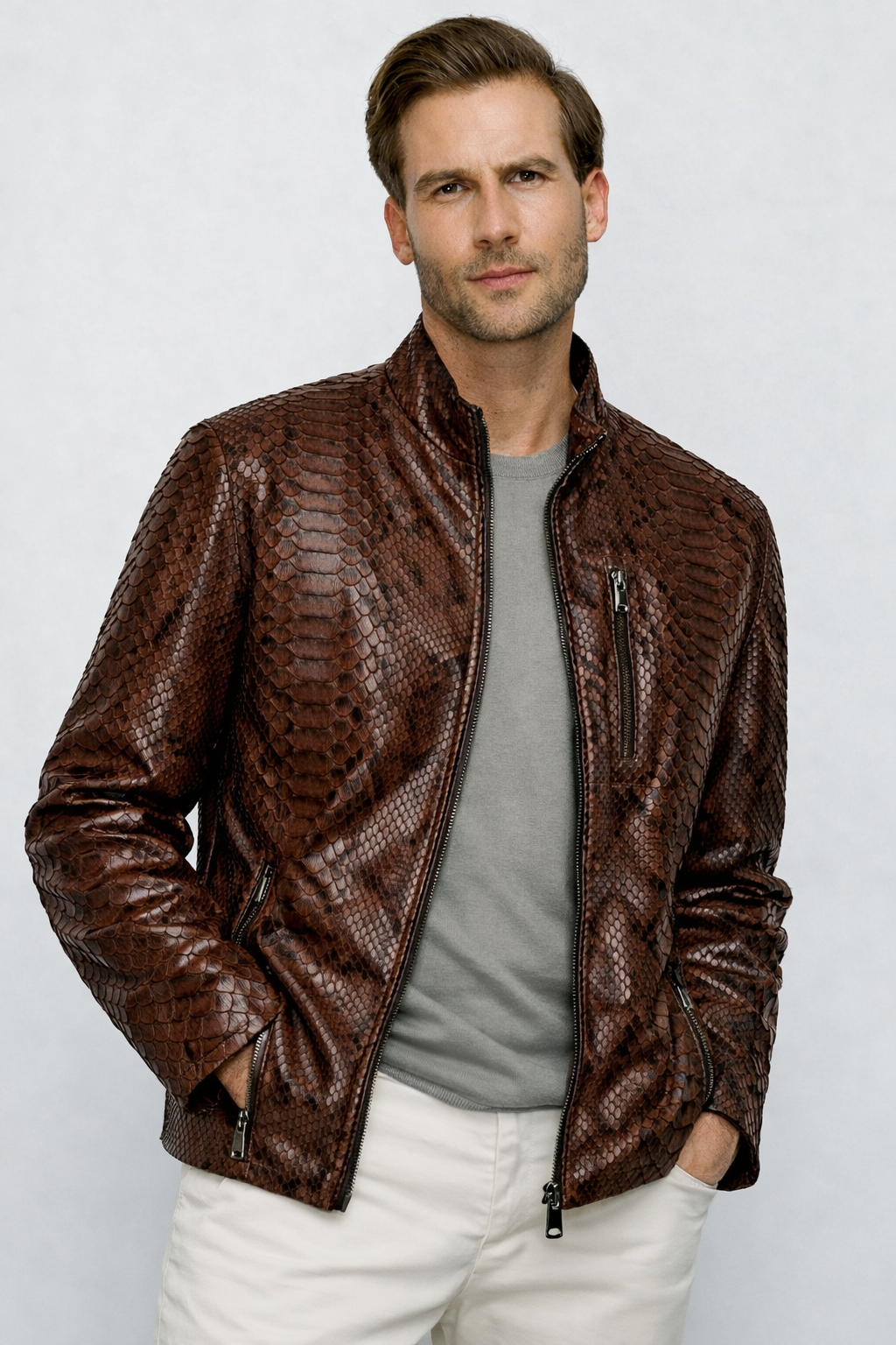 The Boss Pythn Dark Brown Leather Men Jacket Exclusive Limited Edition