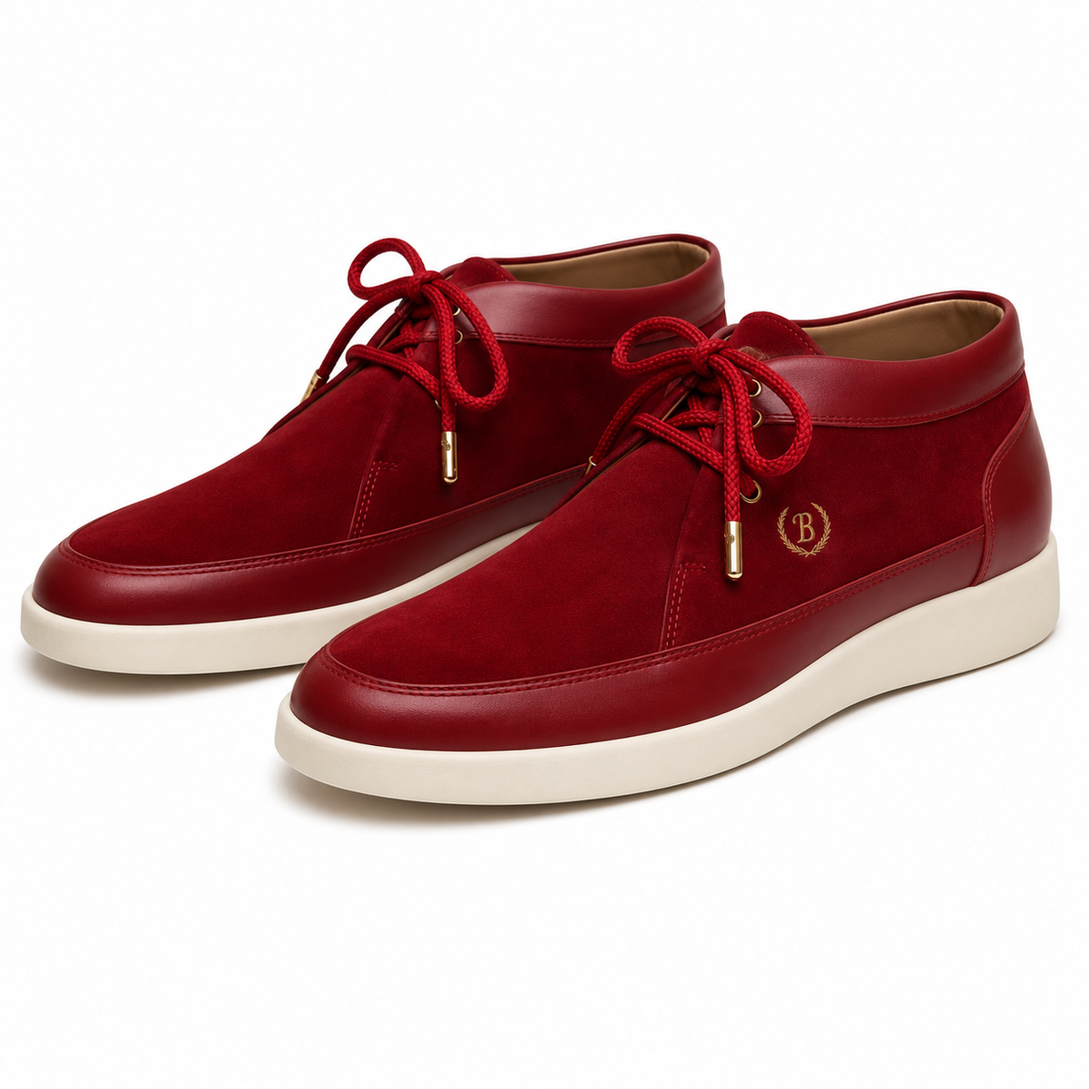 Johnny Famous Central Park Men's Rich Red Nappa Leather and Suede High-Top Sneakers | Retro Bally-Inspired – Detail Close-Up