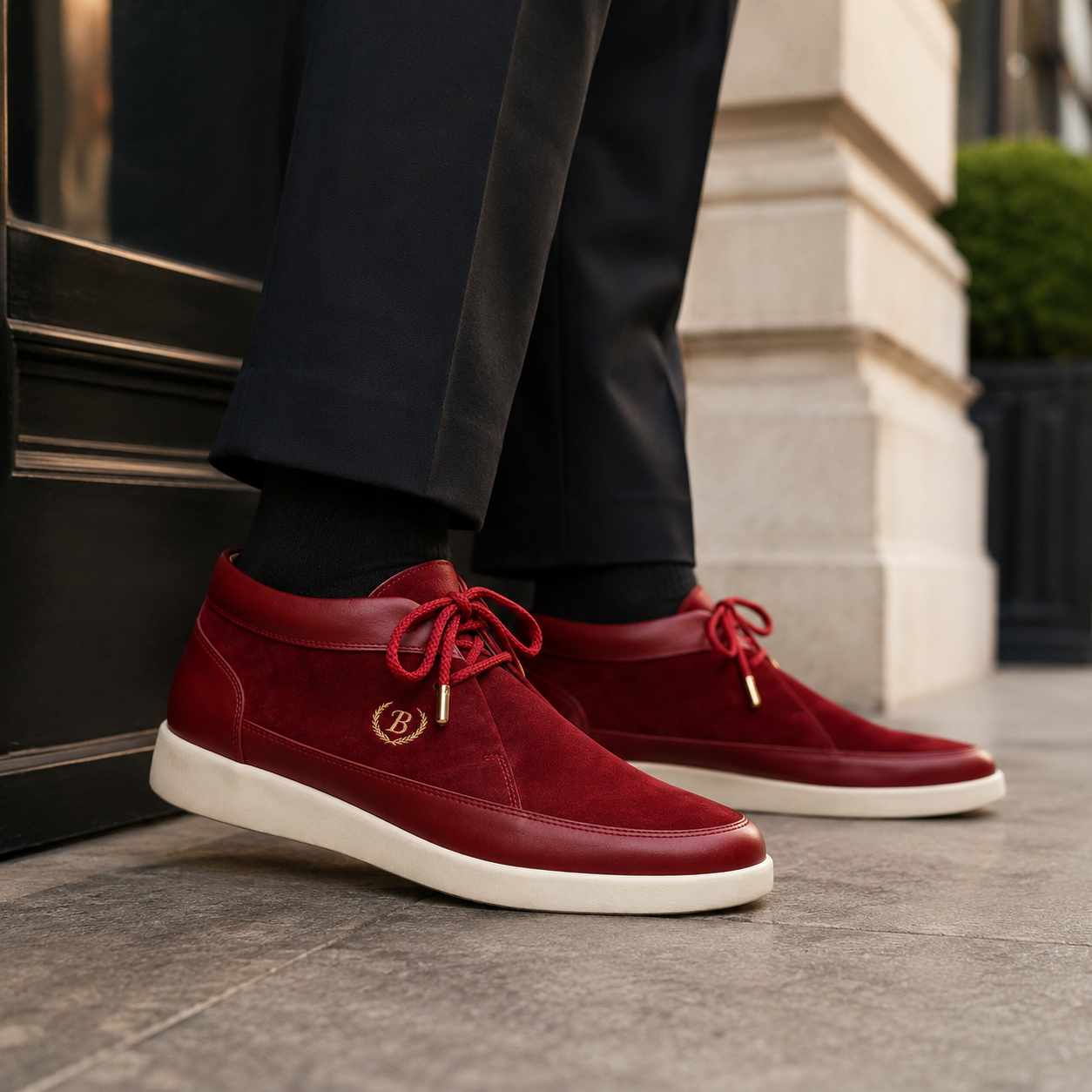 Johnny Famous Bally Style Central Park Men's Red Nappa Leather and Suede High Top Sneakers