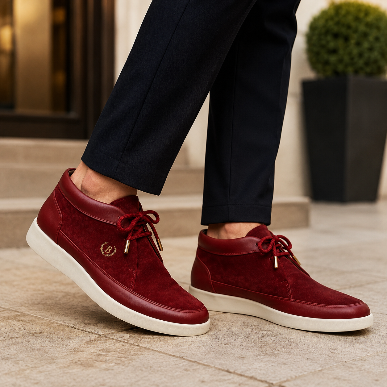Johnny Famous Bally Style Central Park Men's Red Nappa Leather and Suede High Top Sneakers