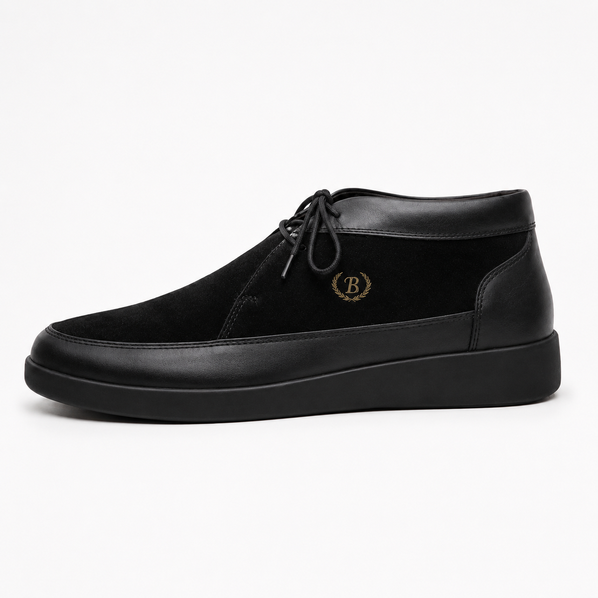 Johnny Famous Central Park Men's Black Leather and Suede High-Top Sneakers | Retro Bally-Inspired – Three-Quarter View