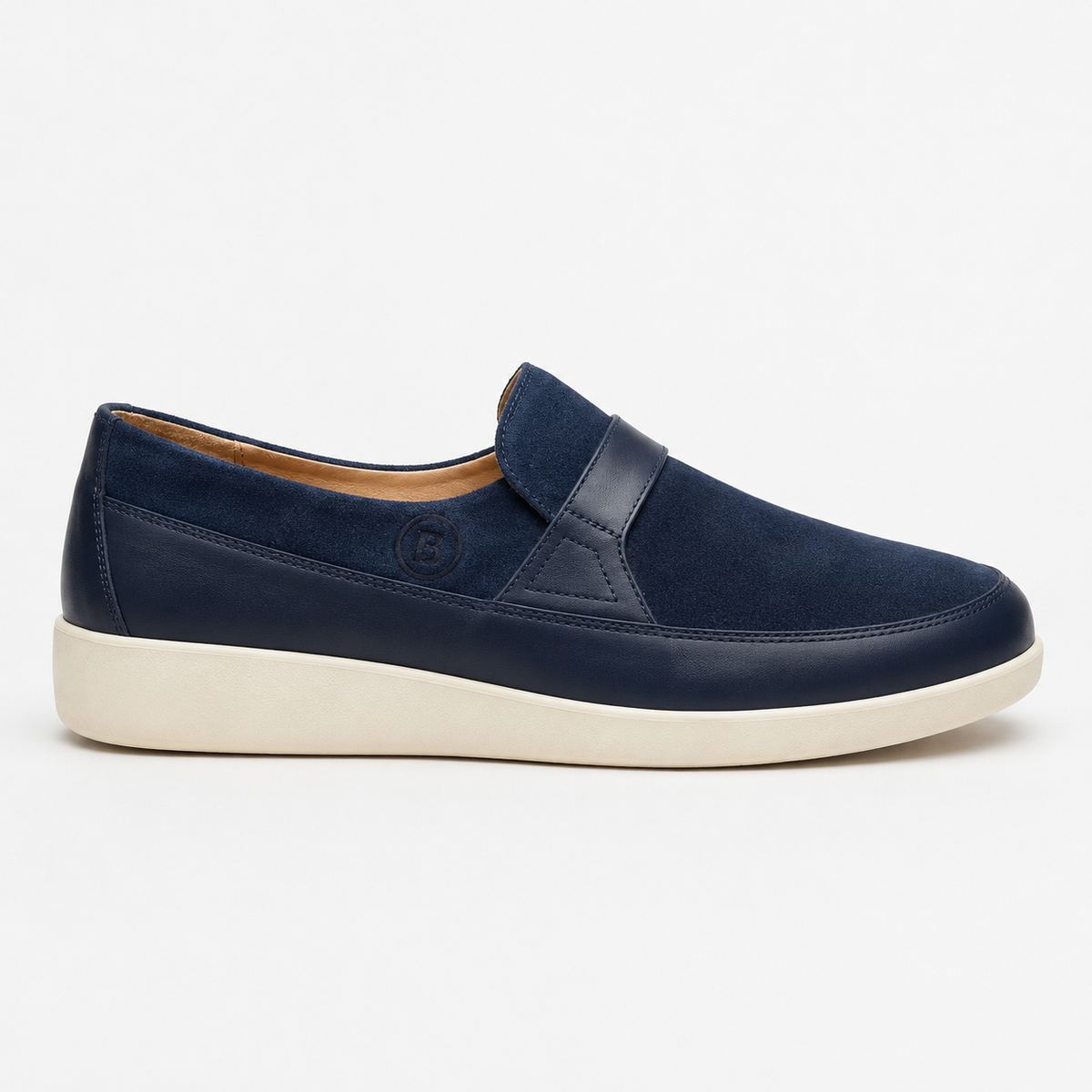 Johnny Famous Tribeca Men's Navy Suede and Leather Slip-On Sneakers | Retro Bally-Inspired – Front View
