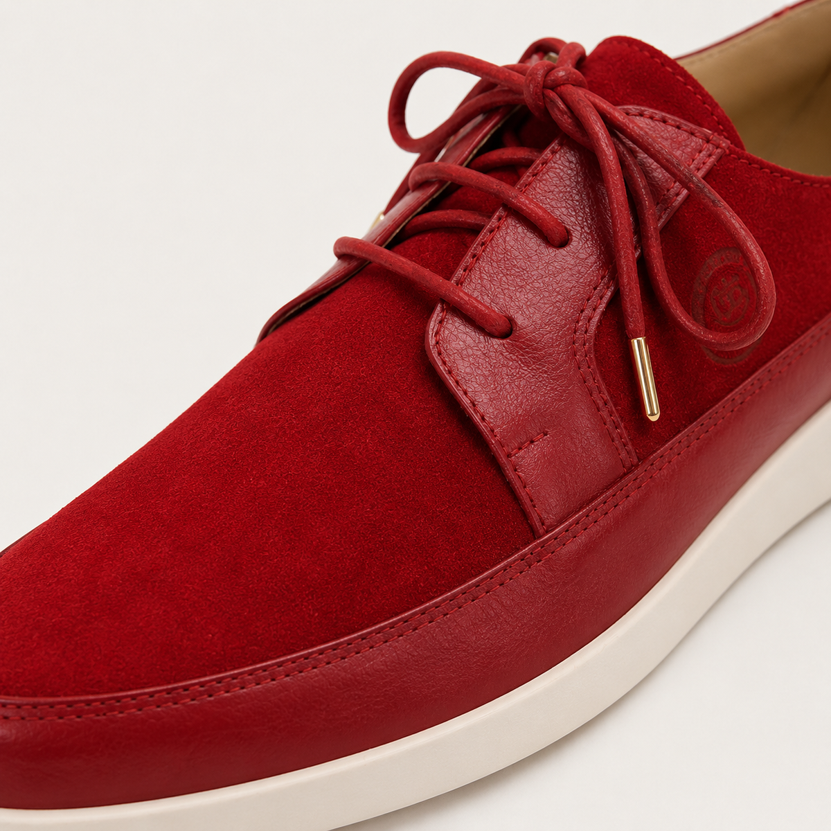 Johnny Famous Park West Men's Rich Red Leather and Suede Low-Top Sneakers | Retro Bally-Inspired – Three-Quarter View
