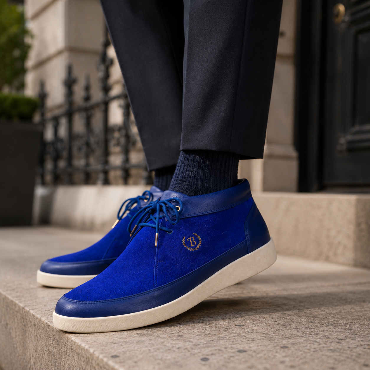 Johnny Famous Central Park Men's Deep Navy Nappa Leather & Suede High-Top Sneakers | Retro Bally-Inspired