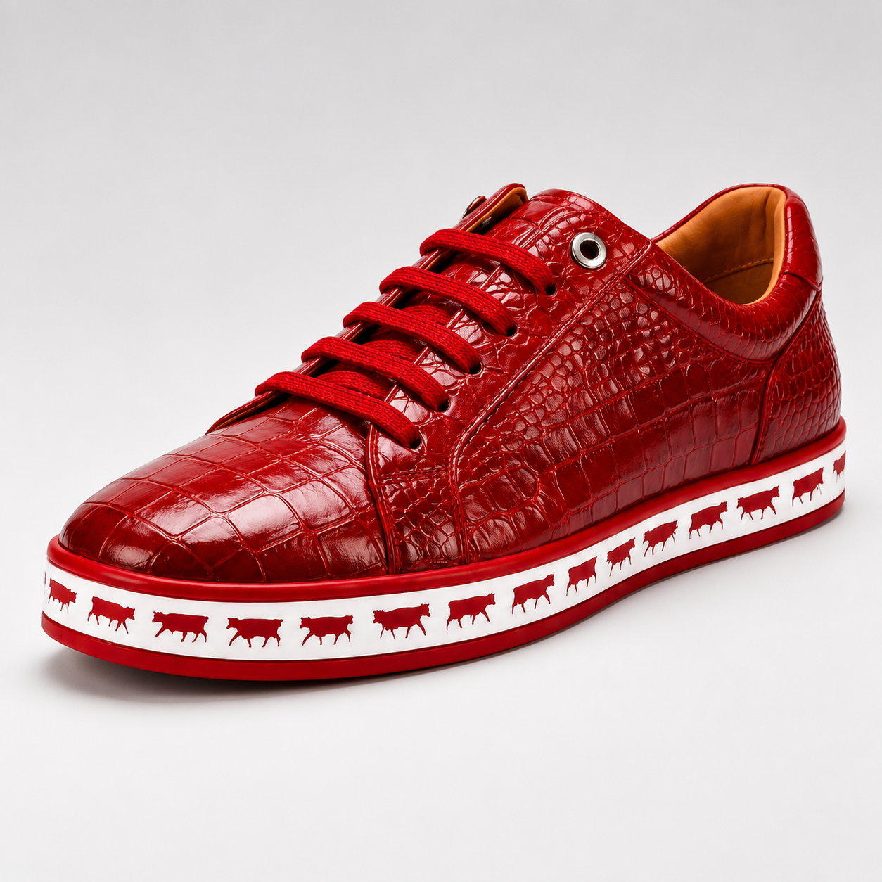 Johnny Famous Animal Men's Deep Crimson Gator-Embossed Nappa Calfskin Low-Top Sneakers | Retro Bally-Inspired
