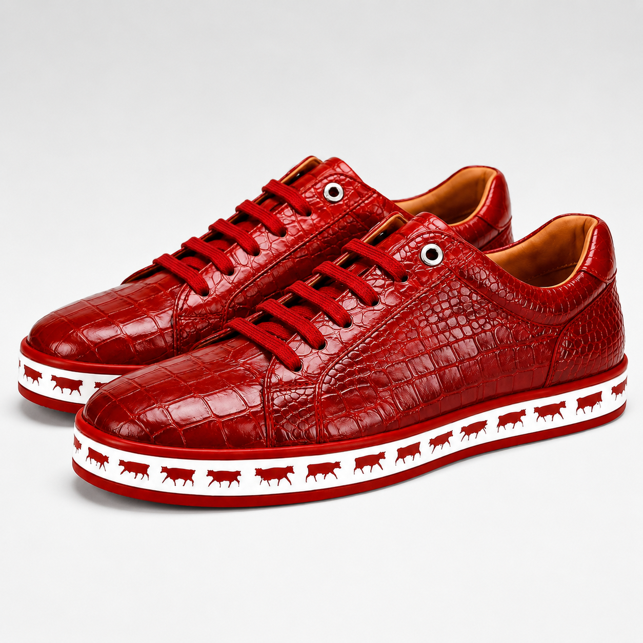 Johnny Famous Animal Men's Deep Crimson Gator-Embossed Nappa Calfskin Low-Top Sneakers | Retro Bally-Inspired