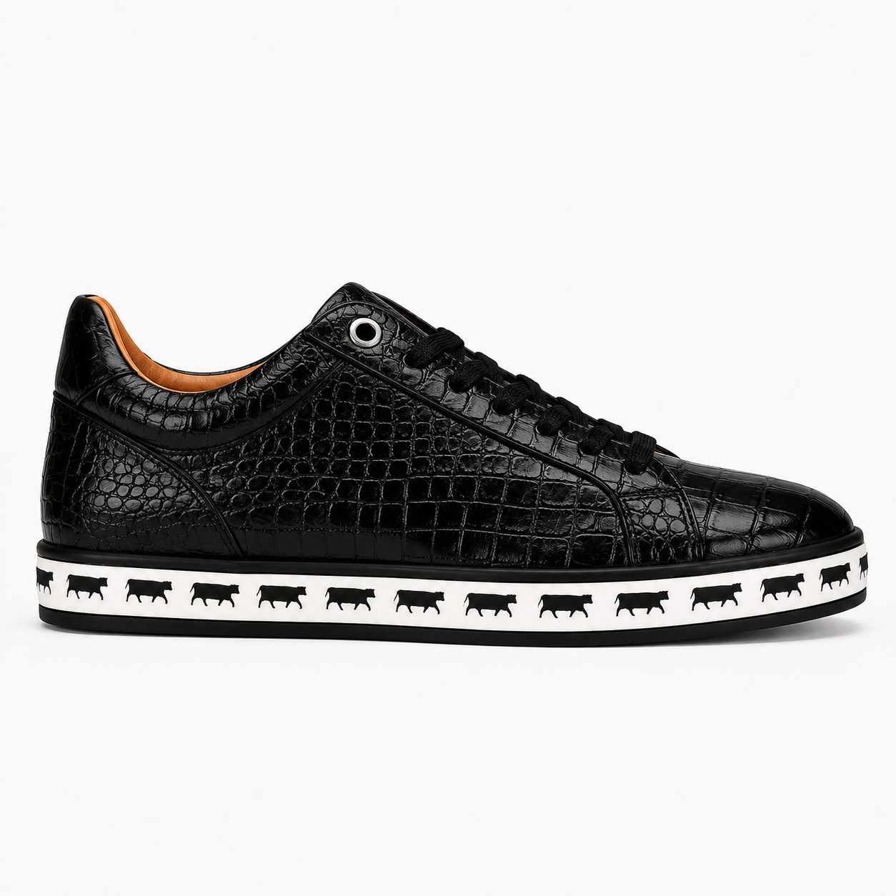 Johnny Famous Animal Men's Onyx Black Gator-Embossed Nappa Calfskin Low-Top Sneakers | Retro Bally-Inspired