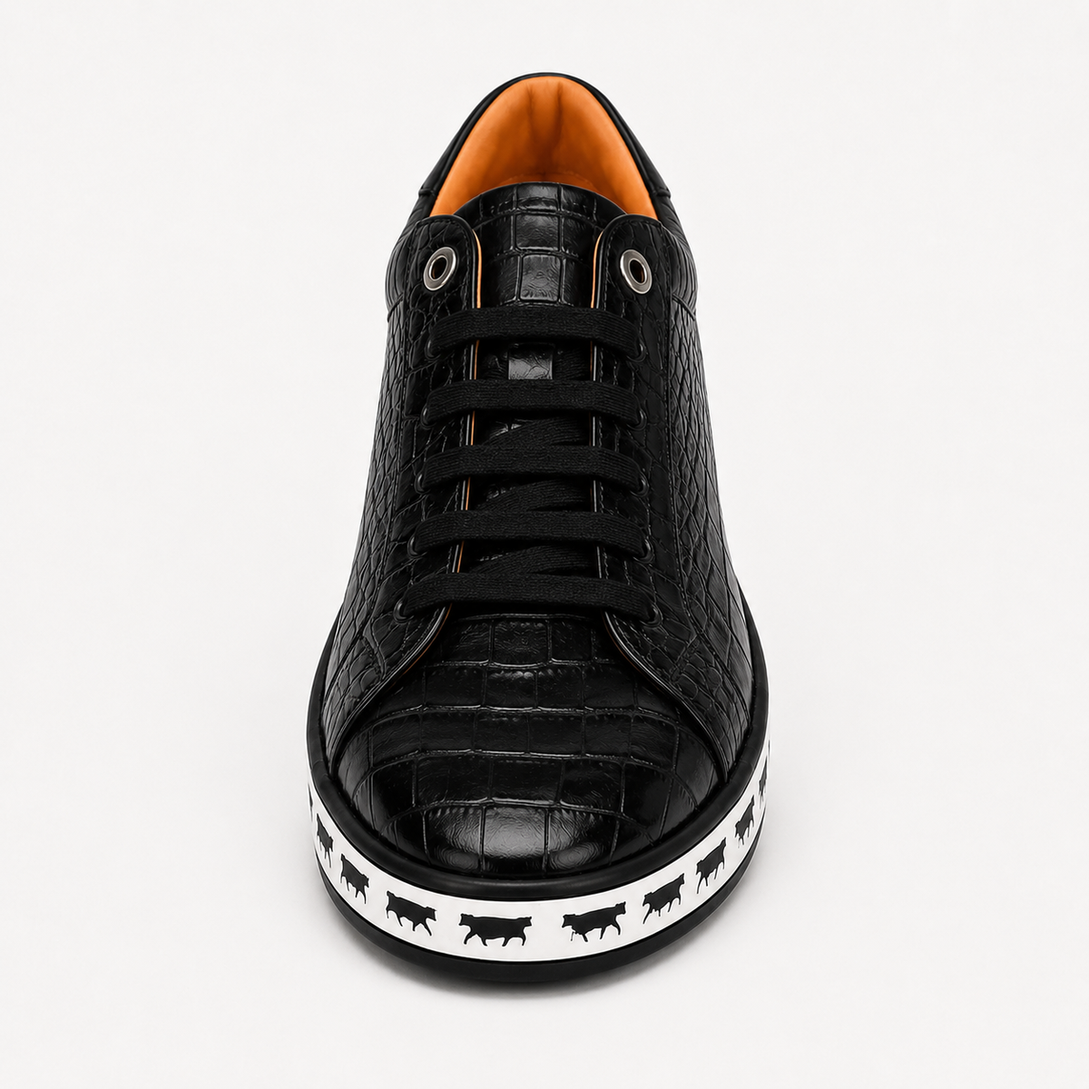 Johnny Famous Animal Men's Onyx Black Gator Embossed Nappa Calfskin Low Top Sneakers | Retro Bally Inspired – Sole and Construction Detail