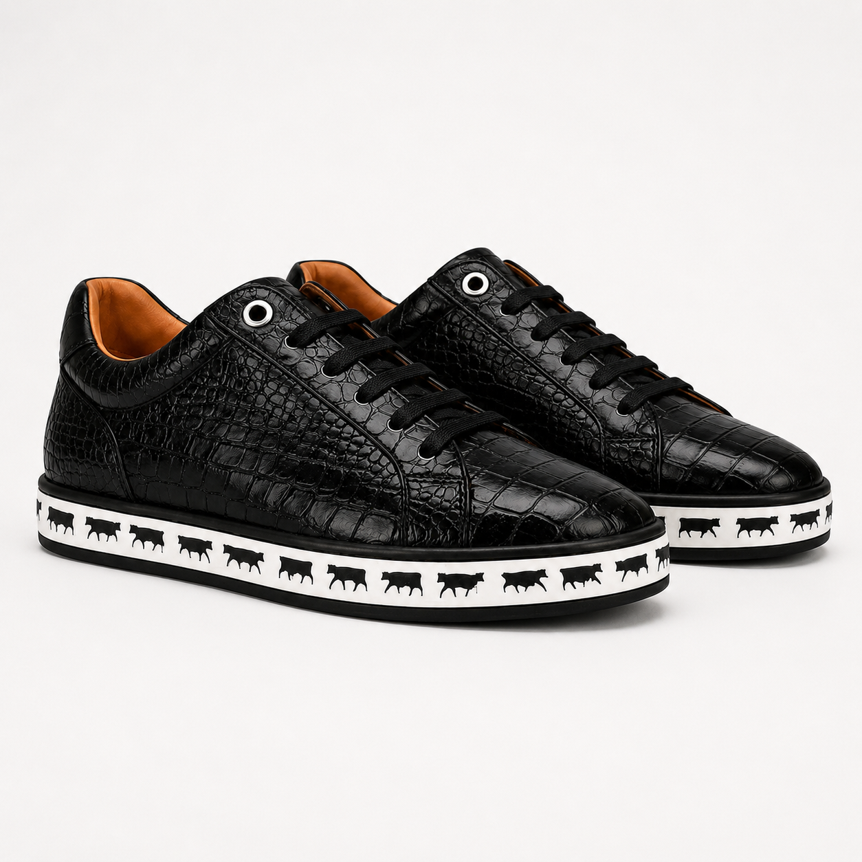 Johnny Famous Animal Men's Onyx Black Gator-Embossed Nappa Calfskin Low-Top Sneakers | Retro Bally-Inspired