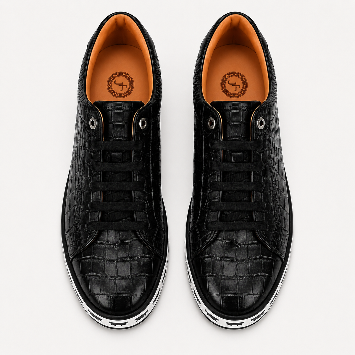 Johnny Famous Animal Men's Onyx Black Gator Embossed Nappa Calfskin Low Top Sneakers | Retro Bally Inspired – On-Foot Styling