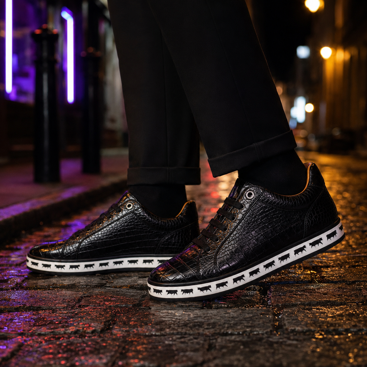 Johnny Famous Animal Men's Onyx Black Gator-Embossed Nappa Calfskin Low-Top Sneakers | Retro Bally-Inspired
