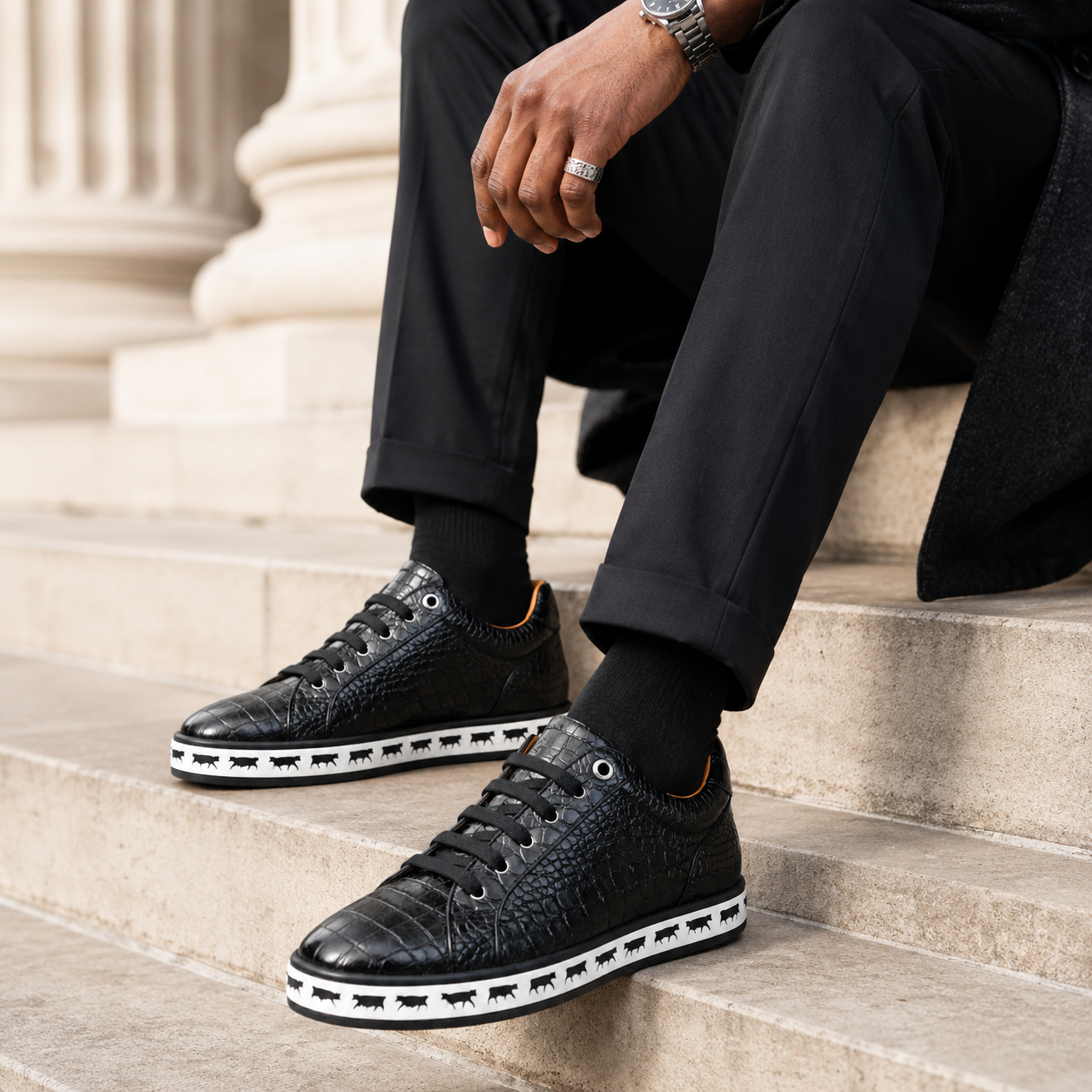 Johnny Famous Animal Men's Onyx Black Gator-Embossed Nappa Calfskin Low-Top Sneakers | Retro Bally-Inspired