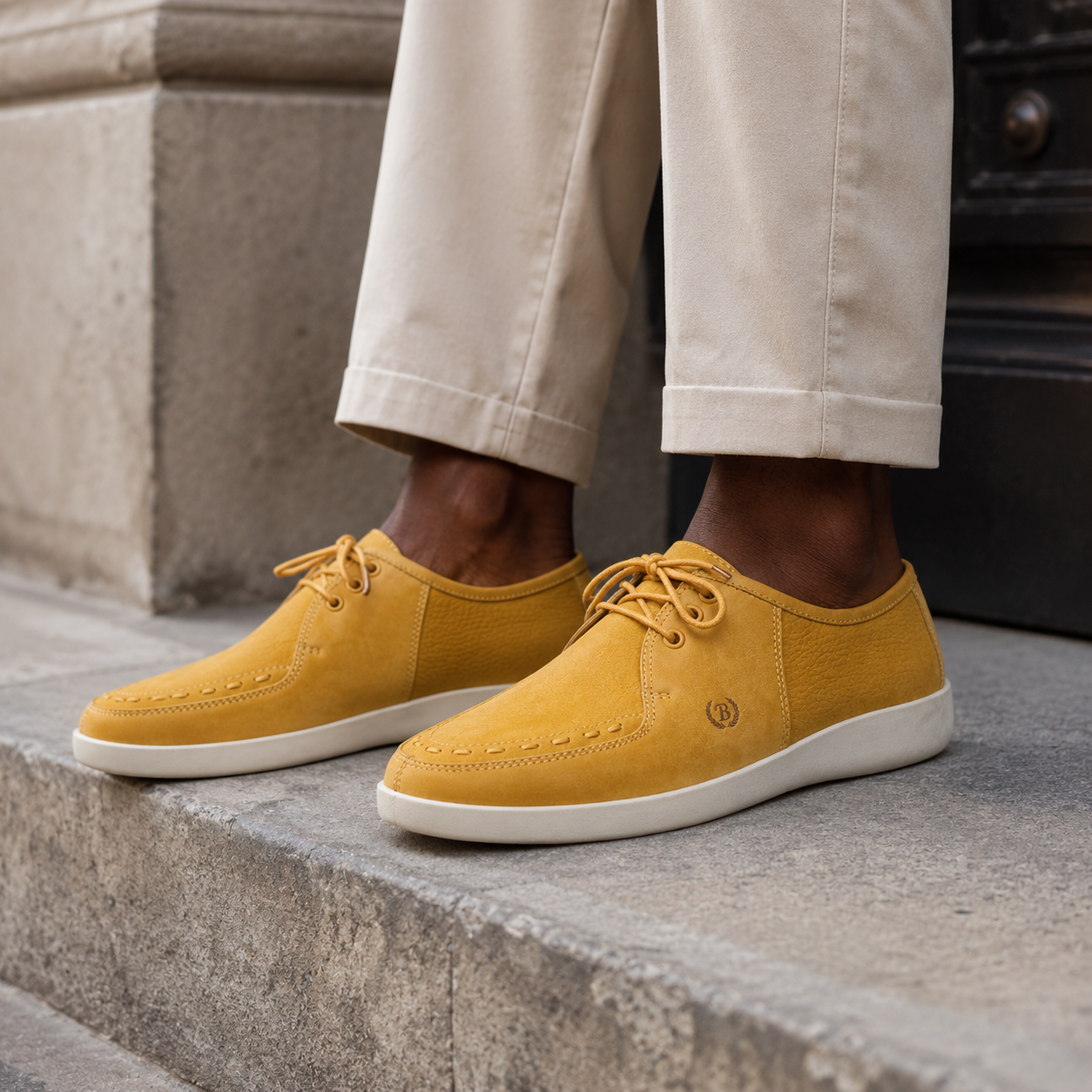 Johnny Famous Delancey Men's Yellow Nappa Leather & Textured Suede Low-Top Sneakers | Retro Bally-Inspired