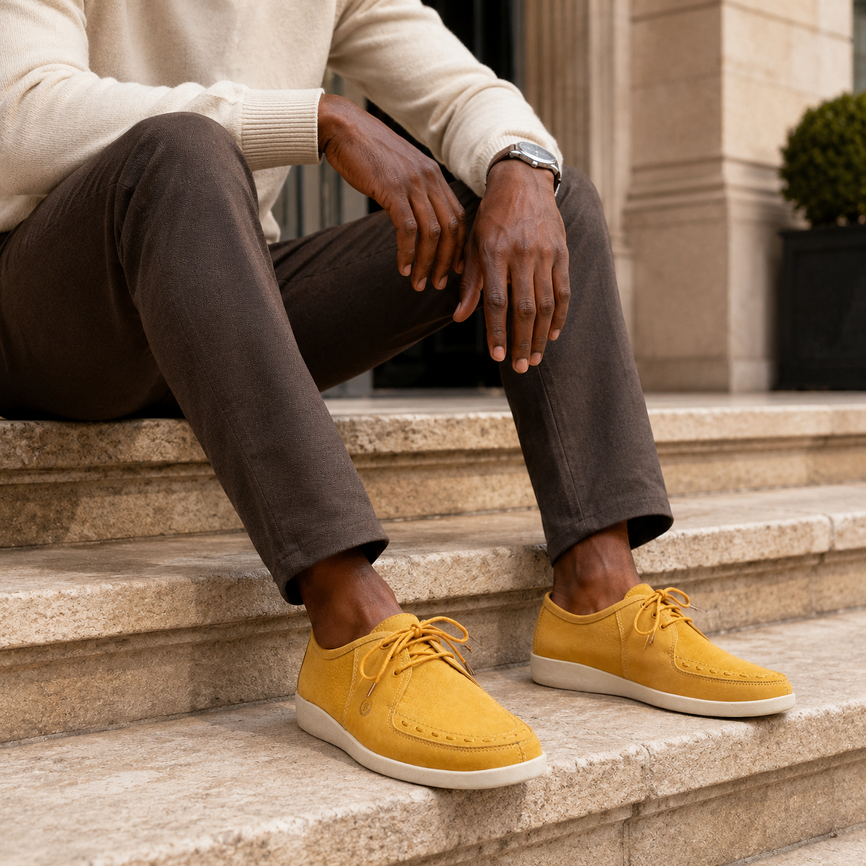 Johnny Famous Delancey Men's Yellow Nappa Leather & Textured Suede Low-Top Sneakers | Retro Bally-Inspired