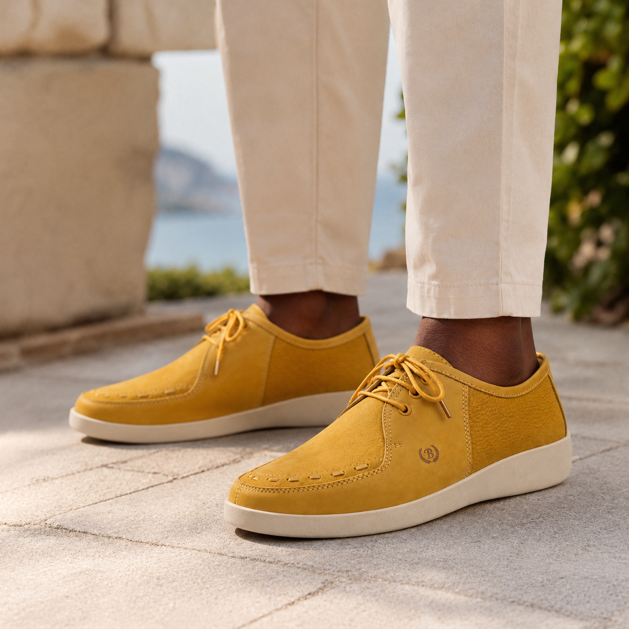 Johnny Famous Delancey Men's Yellow Nappa Leather & Textured Suede Low-Top Sneakers | Retro Bally-Inspired