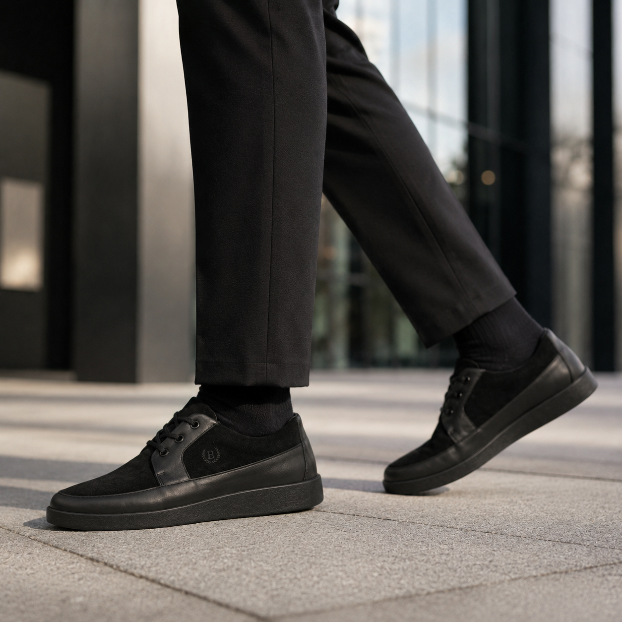 Johnny Famous Park West Men's All-Black Nappa Leather & Textured Suede Low-Top Sneakers | Retro Bally-Inspired