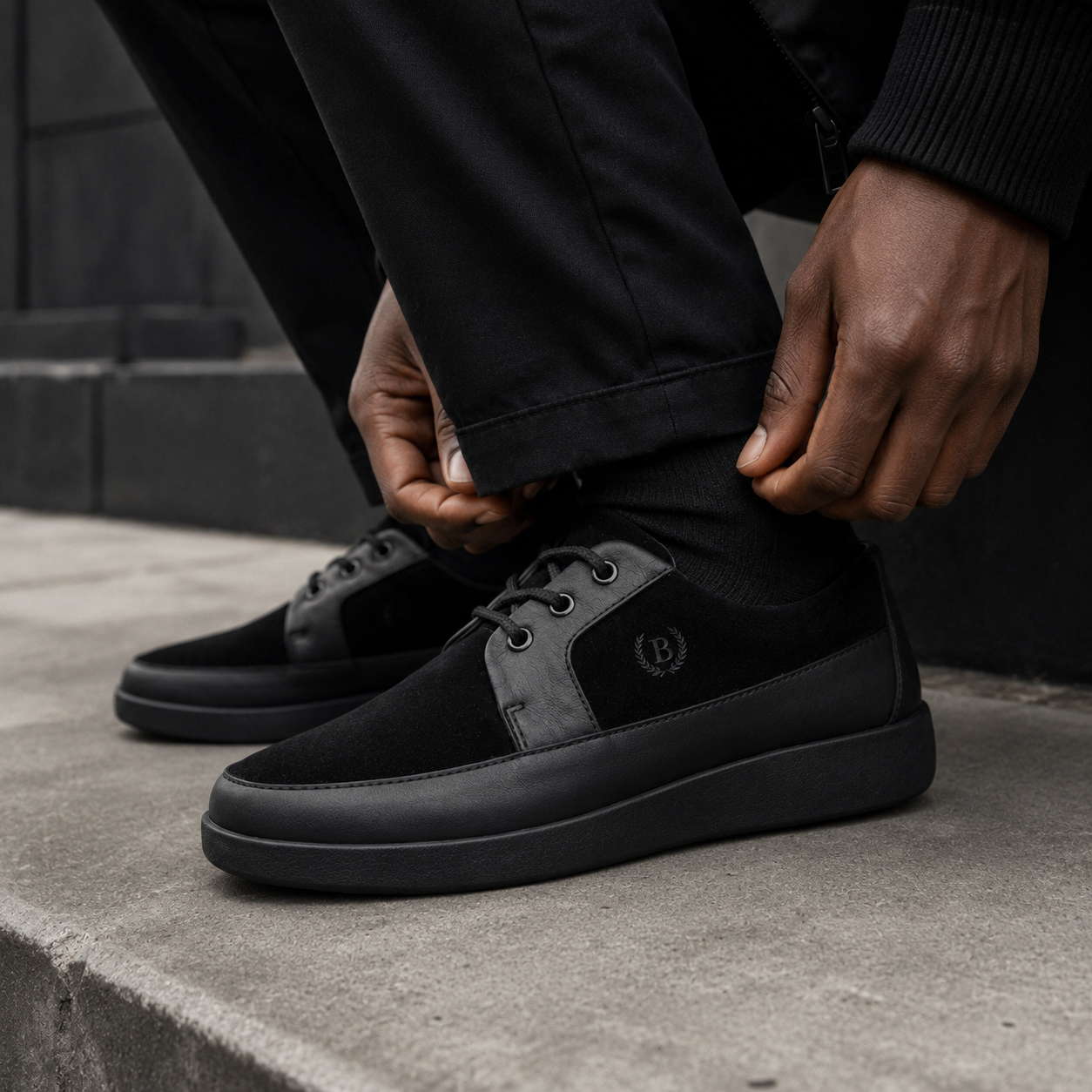 Johnny Famous Park West Men's All-Black Nappa Leather & Textured Suede Low-Top Sneakers | Retro Bally-Inspired