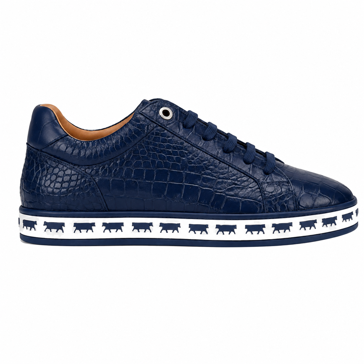 Johnny Famous Bally Style Animal Print Men's Navy Blue Gator Embossed Leather Low Top Sneakers