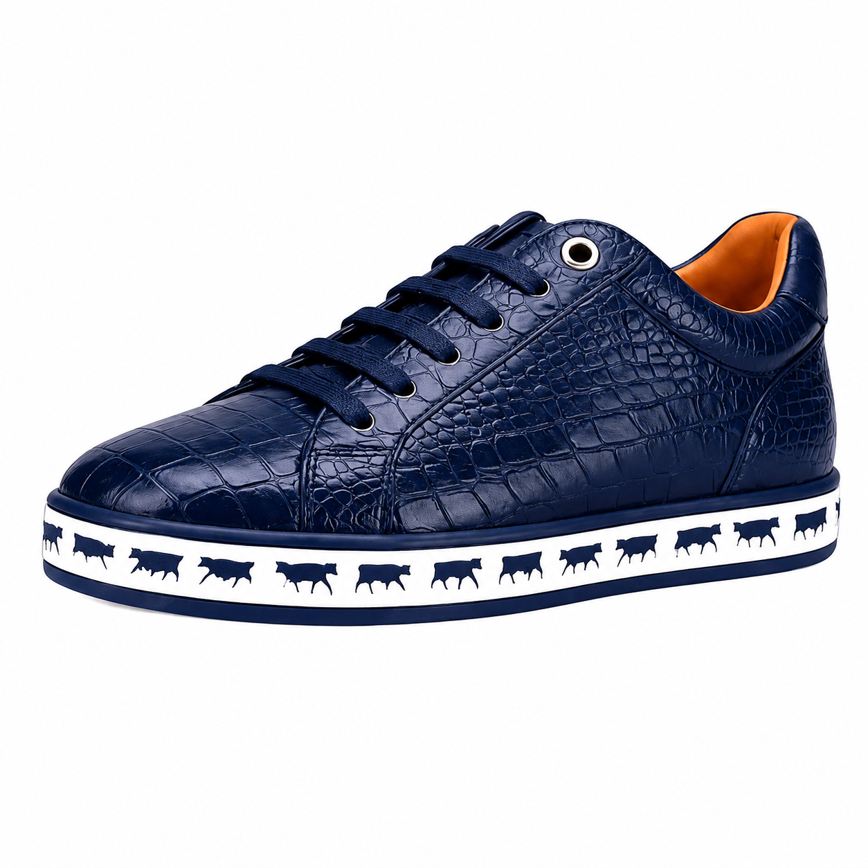 Johnny Famous Bally Style Animal Print Men's Navy Blue Gator Embossed Leather Low Top Sneakers