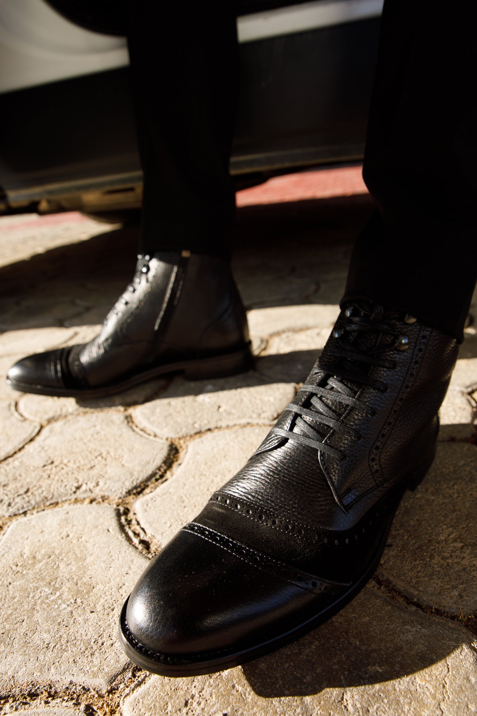 The Anderson Black Leather & Suede Brogue Lace-Up Men Boot with a Zipper