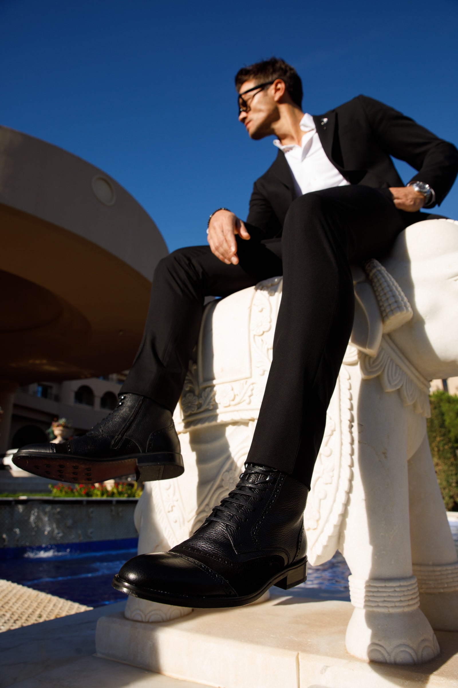 The Anderson Black Leather & Suede Brogue Lace-Up Men Boot with a Zipper