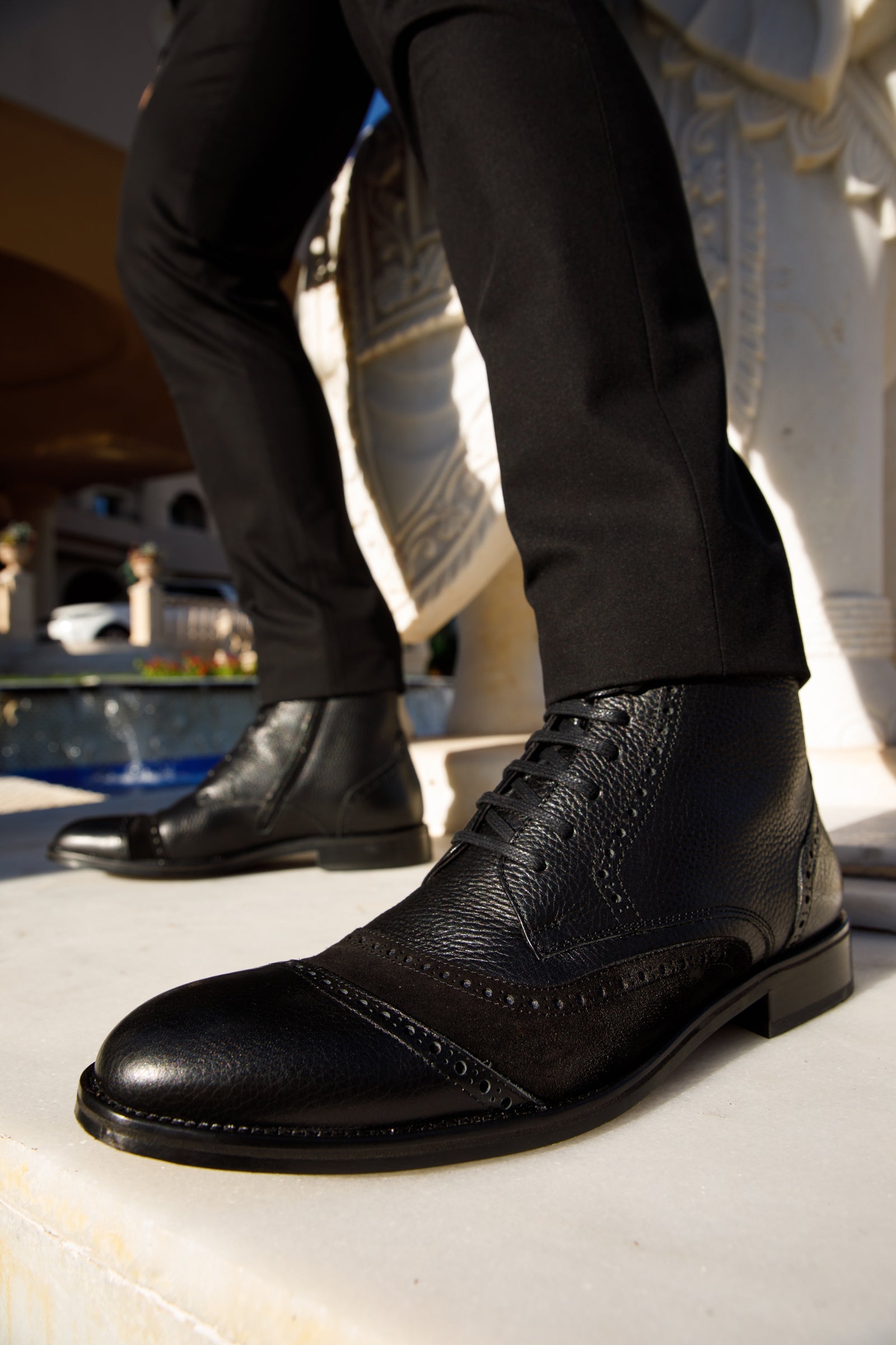 The Anderson Black Leather & Suede Brogue Lace-Up Men Boot with a Zipper