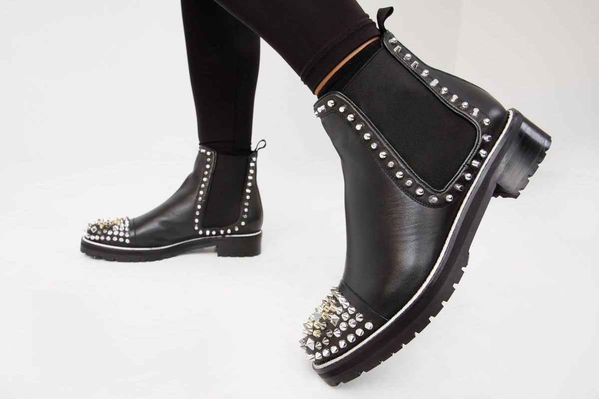 Vinci Leather The Vuvulane Black Spike Leather Ankle Women Boot – product view 4