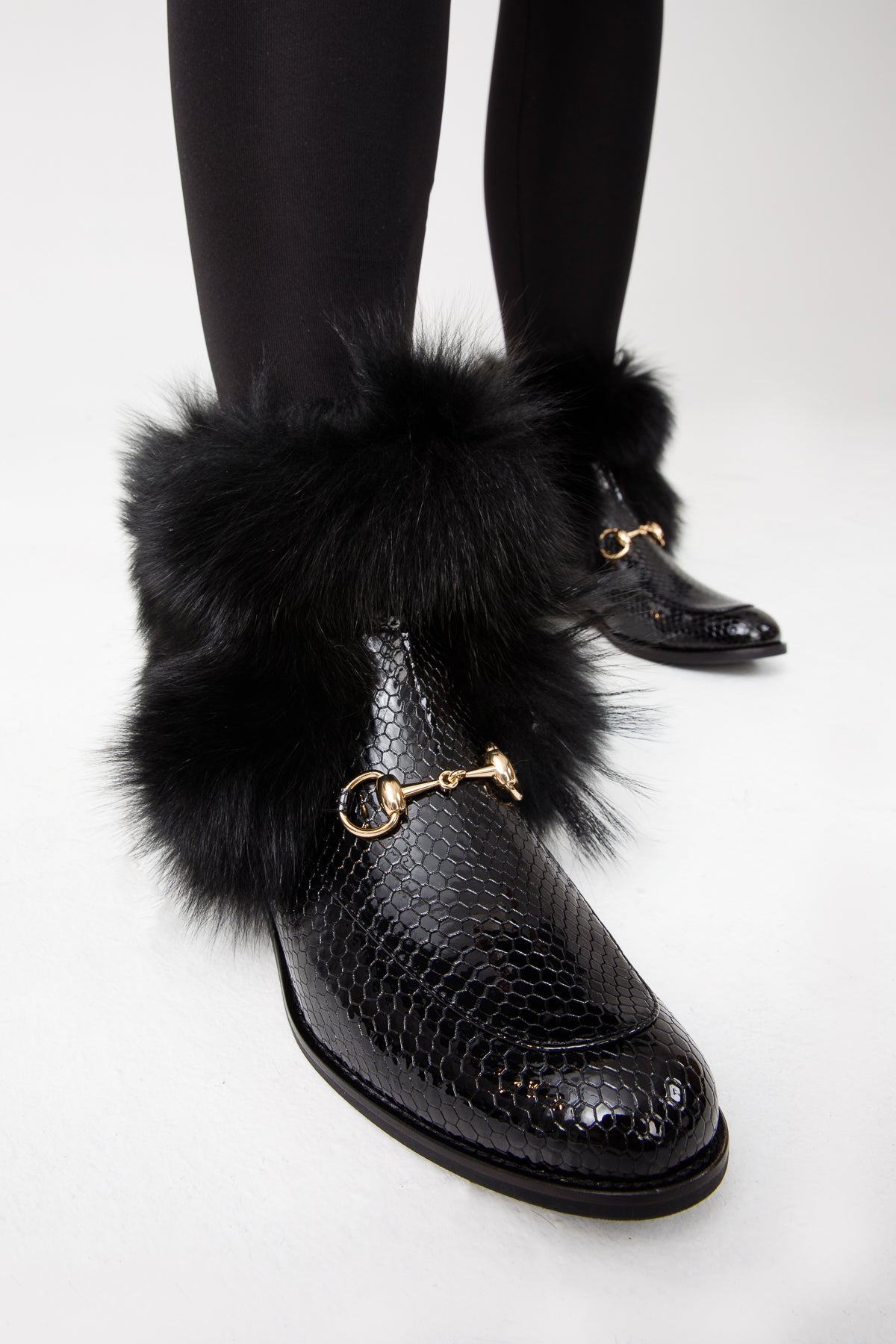 The Izmir Black Patent Leather Natural Fur Mid Calf Women Boot