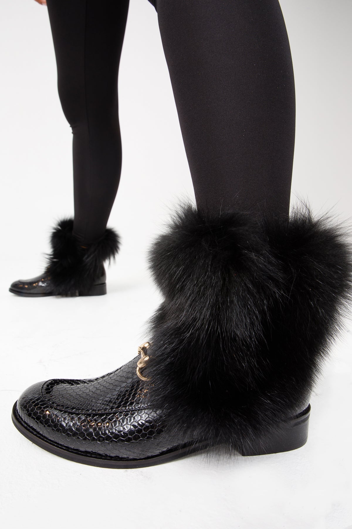 Vinci Leather The Izmir Black Patent Leather Natural Fur Mid Calf Women Boot – product view 13