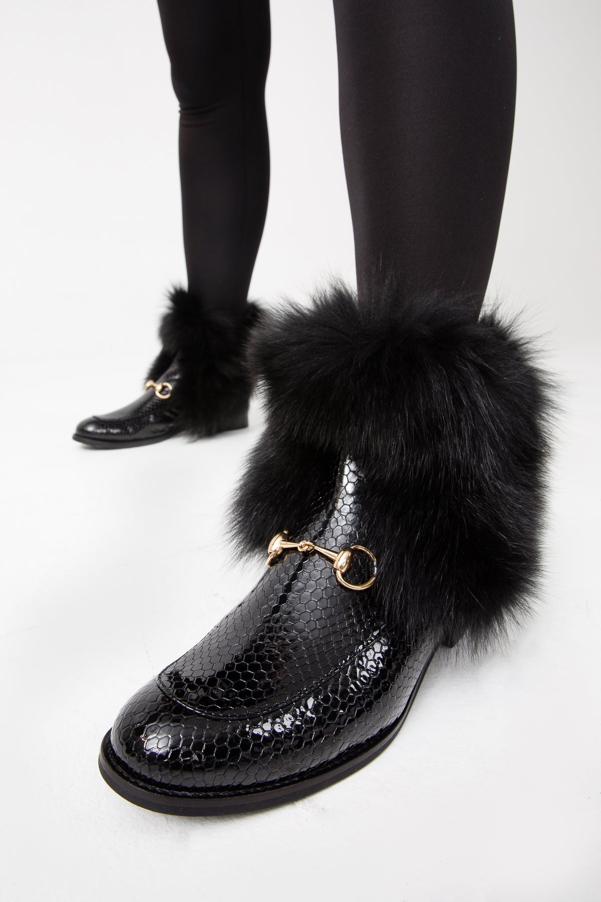 Vinci Leather The Izmir Black Patent Leather Natural Fur Mid Calf Women Boot – product view 14