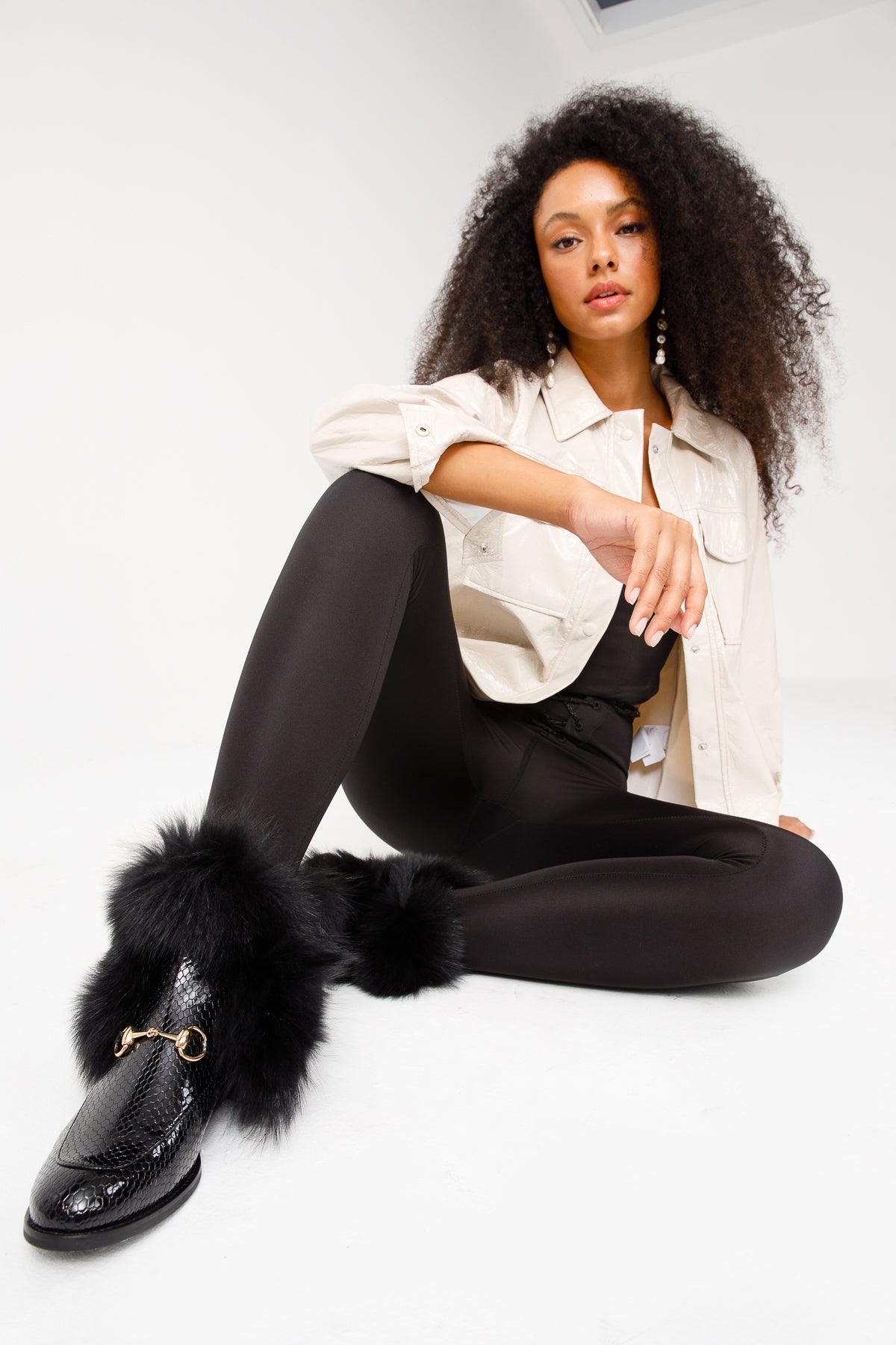 The Izmir Black Patent Leather Natural Fur Mid Calf Women Boot