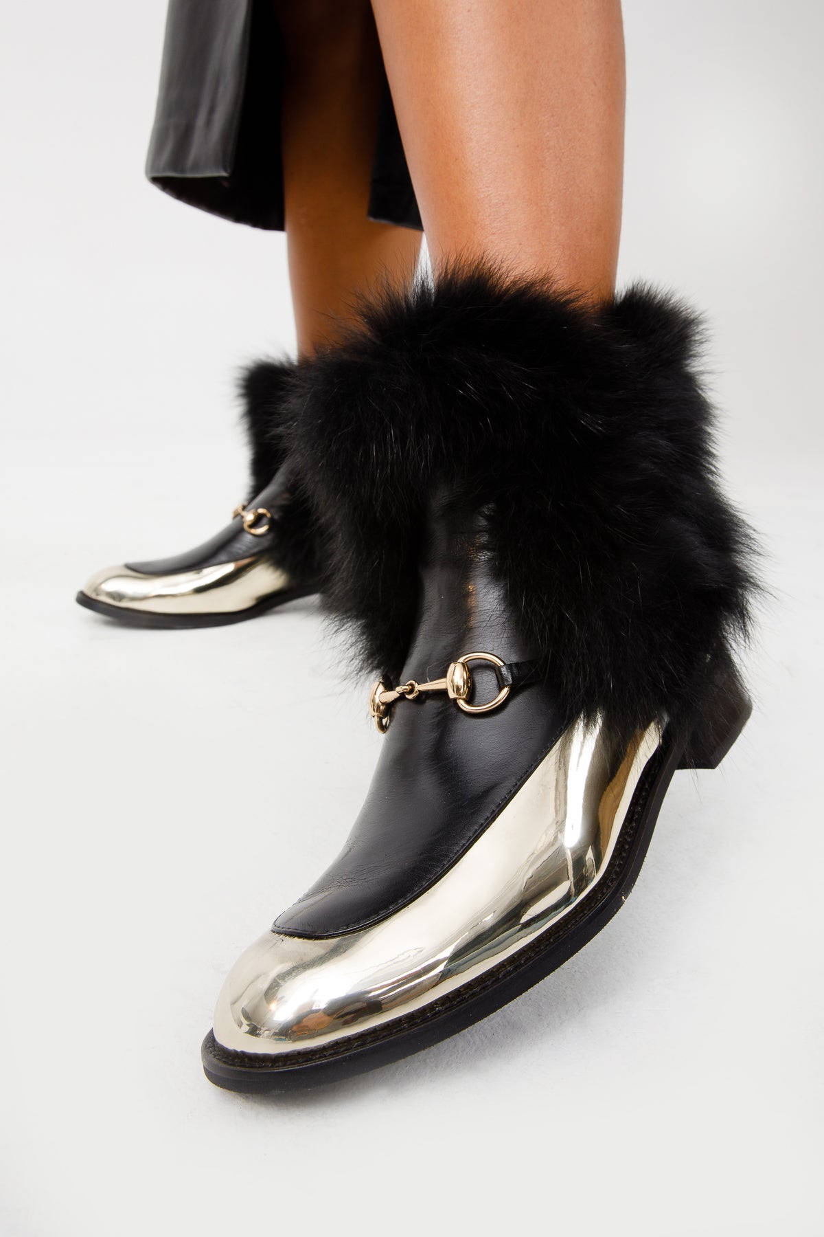 Vinci Leather The Izmir Black & Gold Leather Natural Fox Fur Mid Calf Women Boot – product view 2