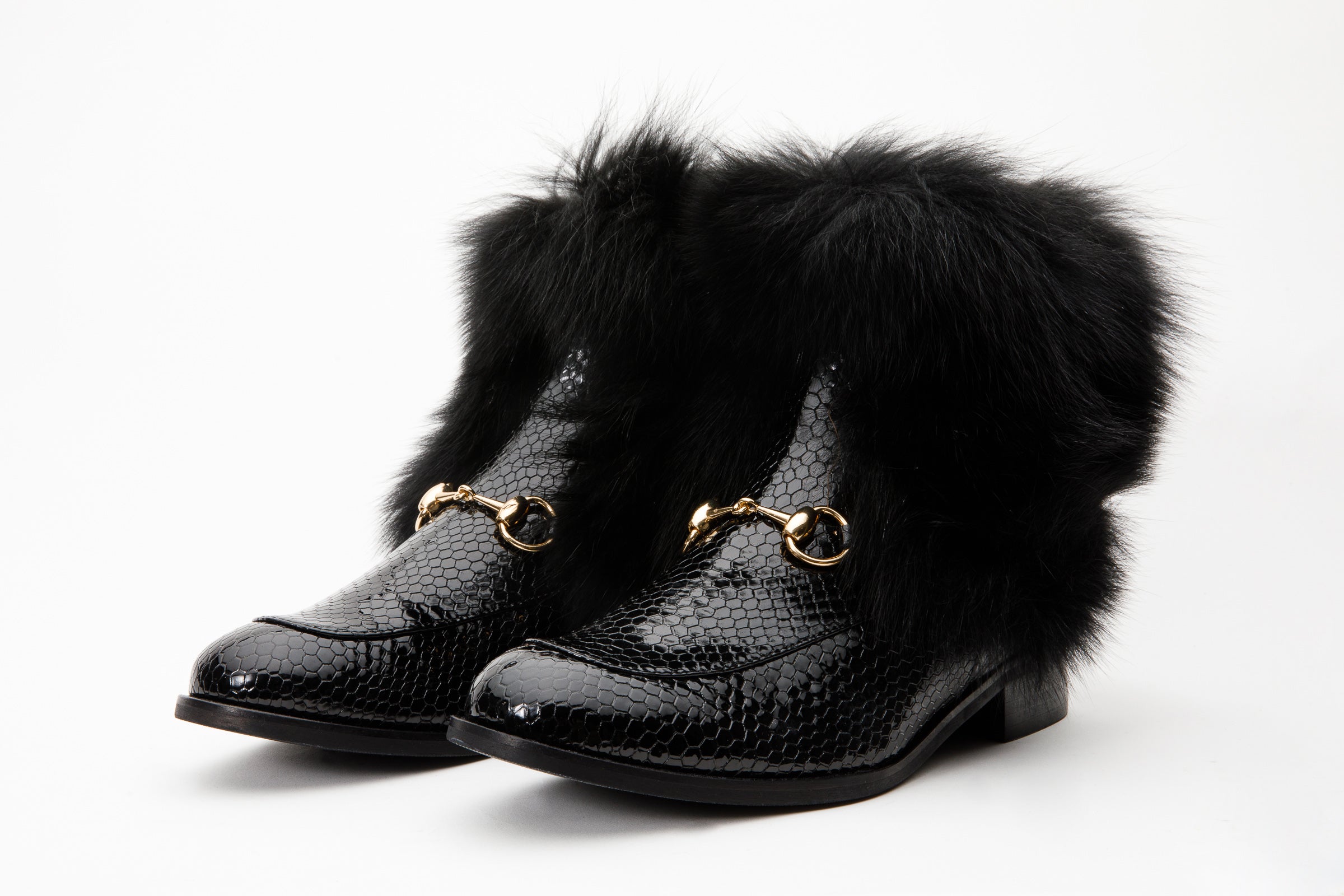 The Izmir Black Patent Leather Natural Fur Mid Calf Women Boot