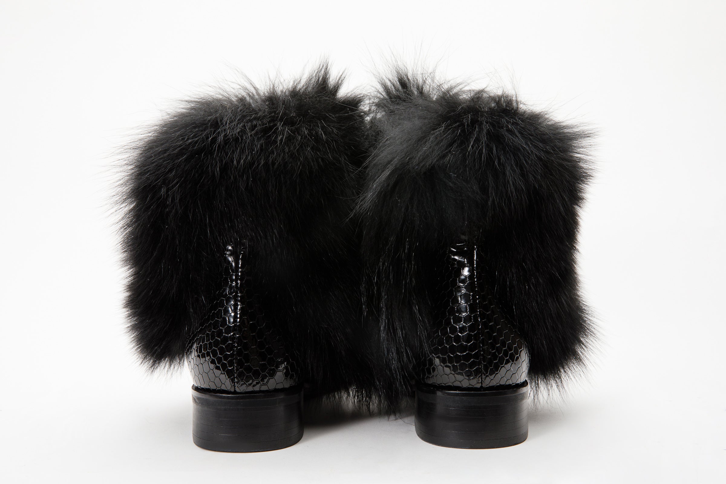 The Izmir Black Patent Leather Natural Fur Mid Calf Women Boot