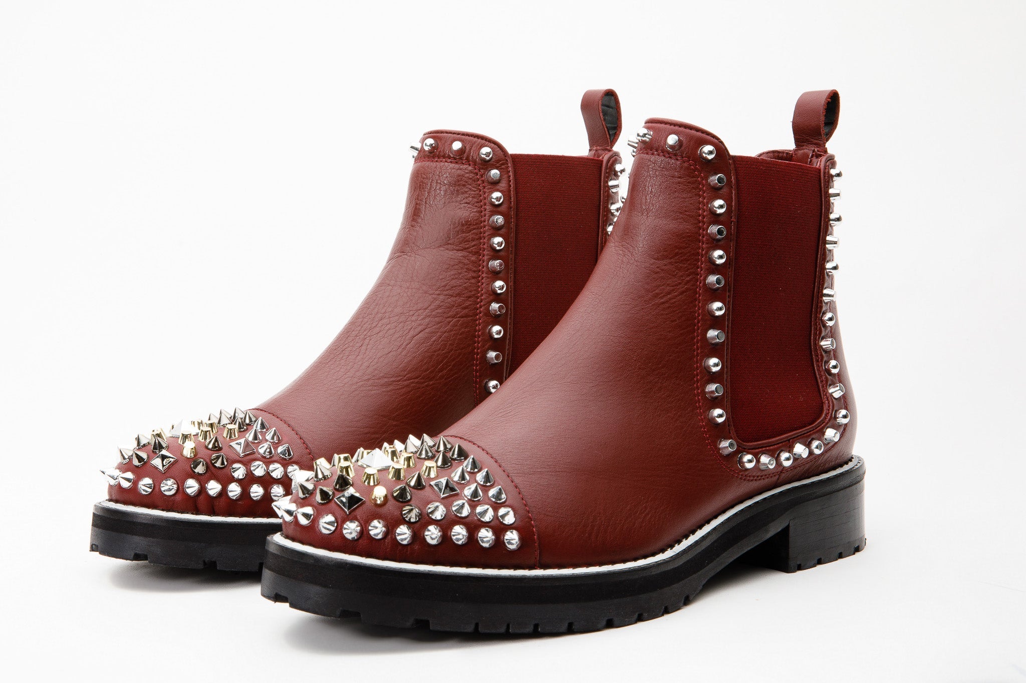 The Vuvulane Burgundy Spike Leather Ankle Women Boot