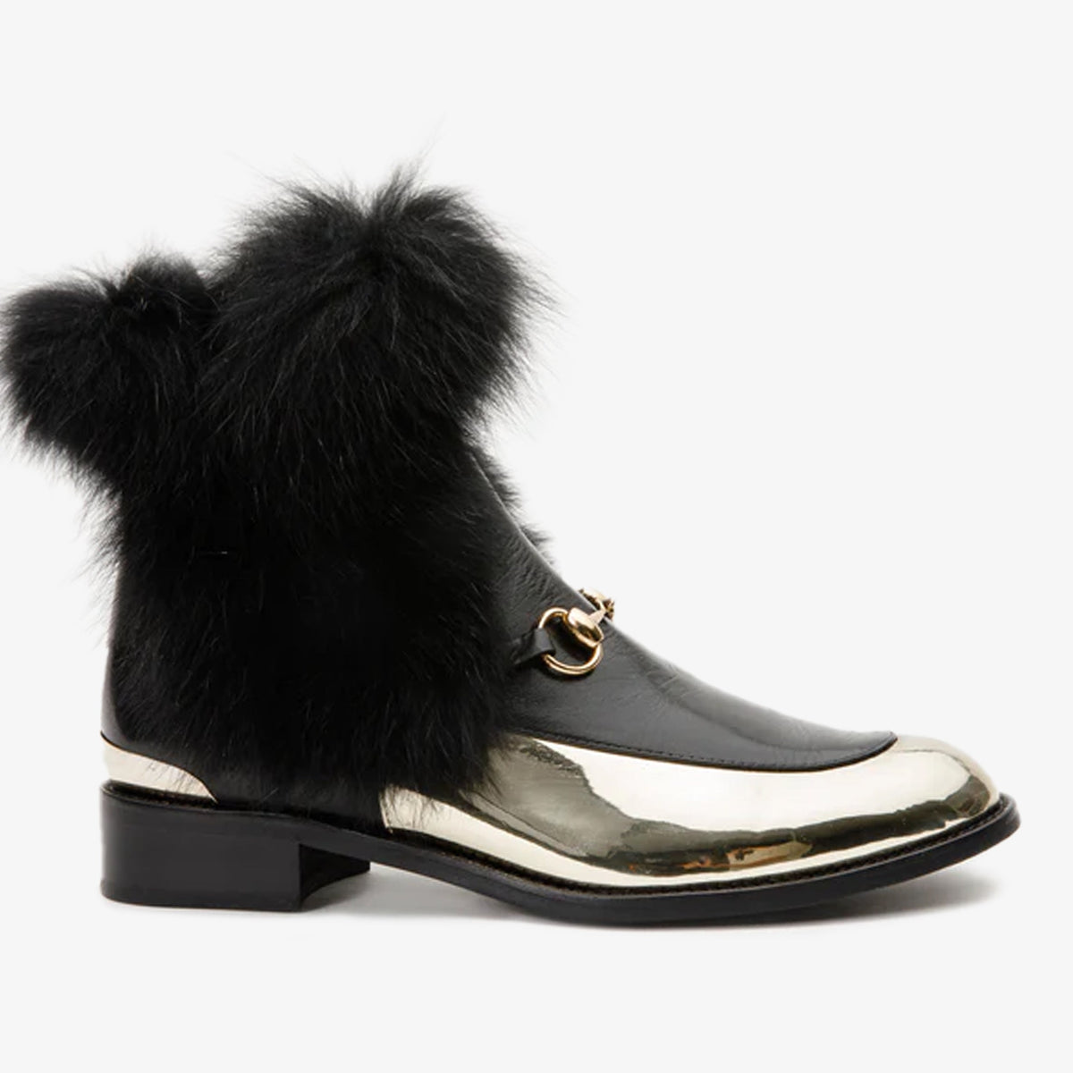 Vinci Leather The Izmir Black & Gold Leather Natural Fox Fur Mid Calf Women Boot – product view 1