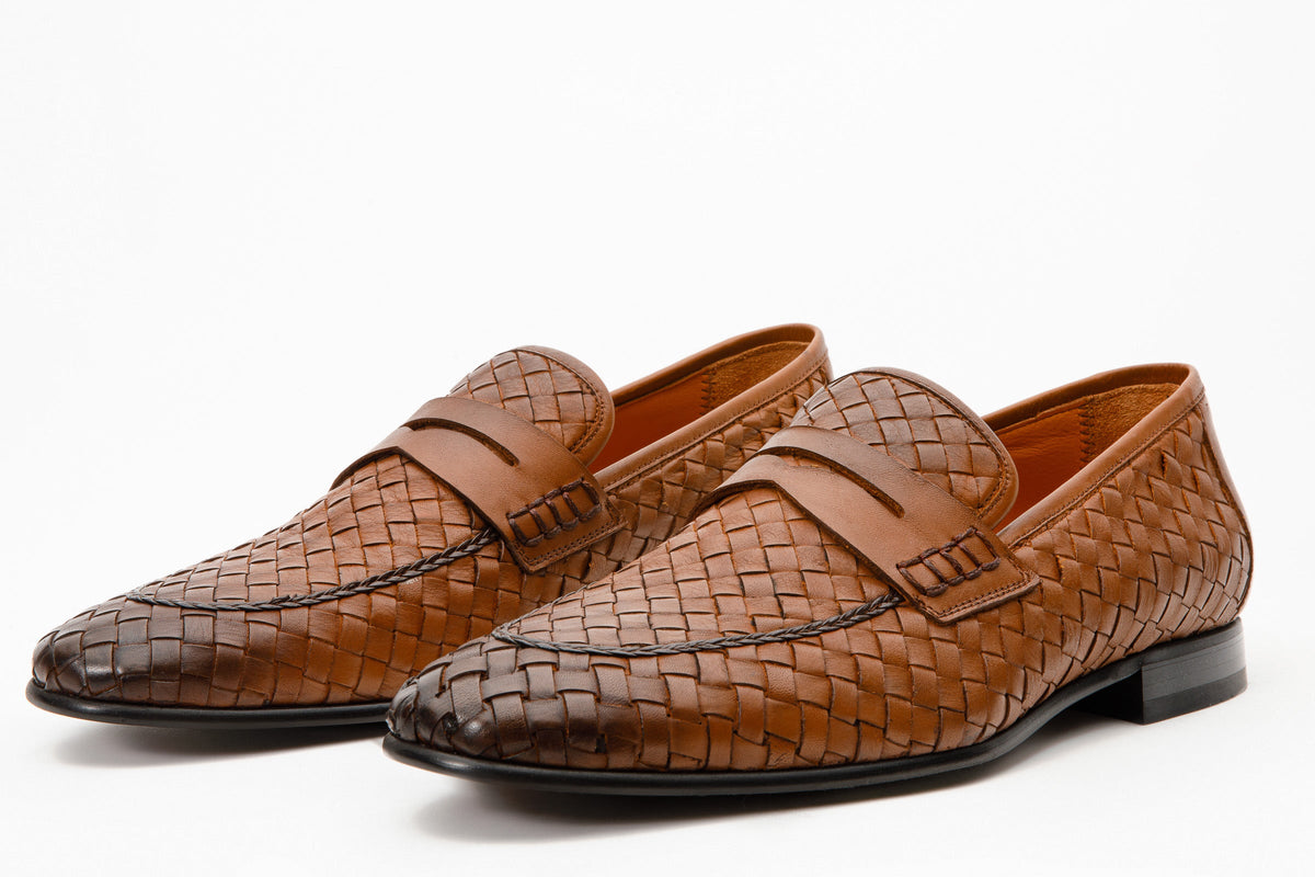 Vinci Leather The Grand Woven Leather Tan Men Shoe Penny Loafer – product view 3