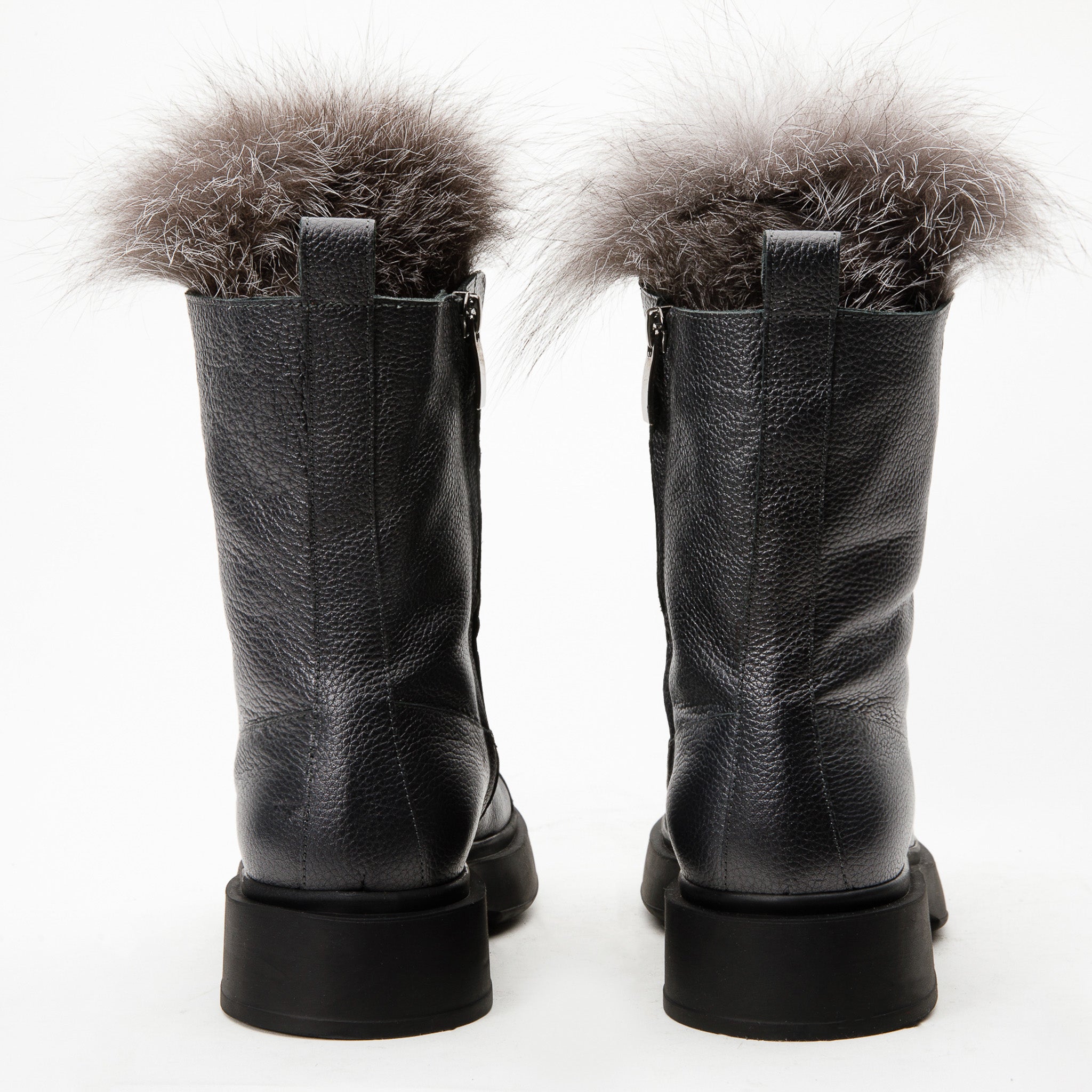 The Kajapati Gray Leather Natural Fur Mid Calf Women Boot