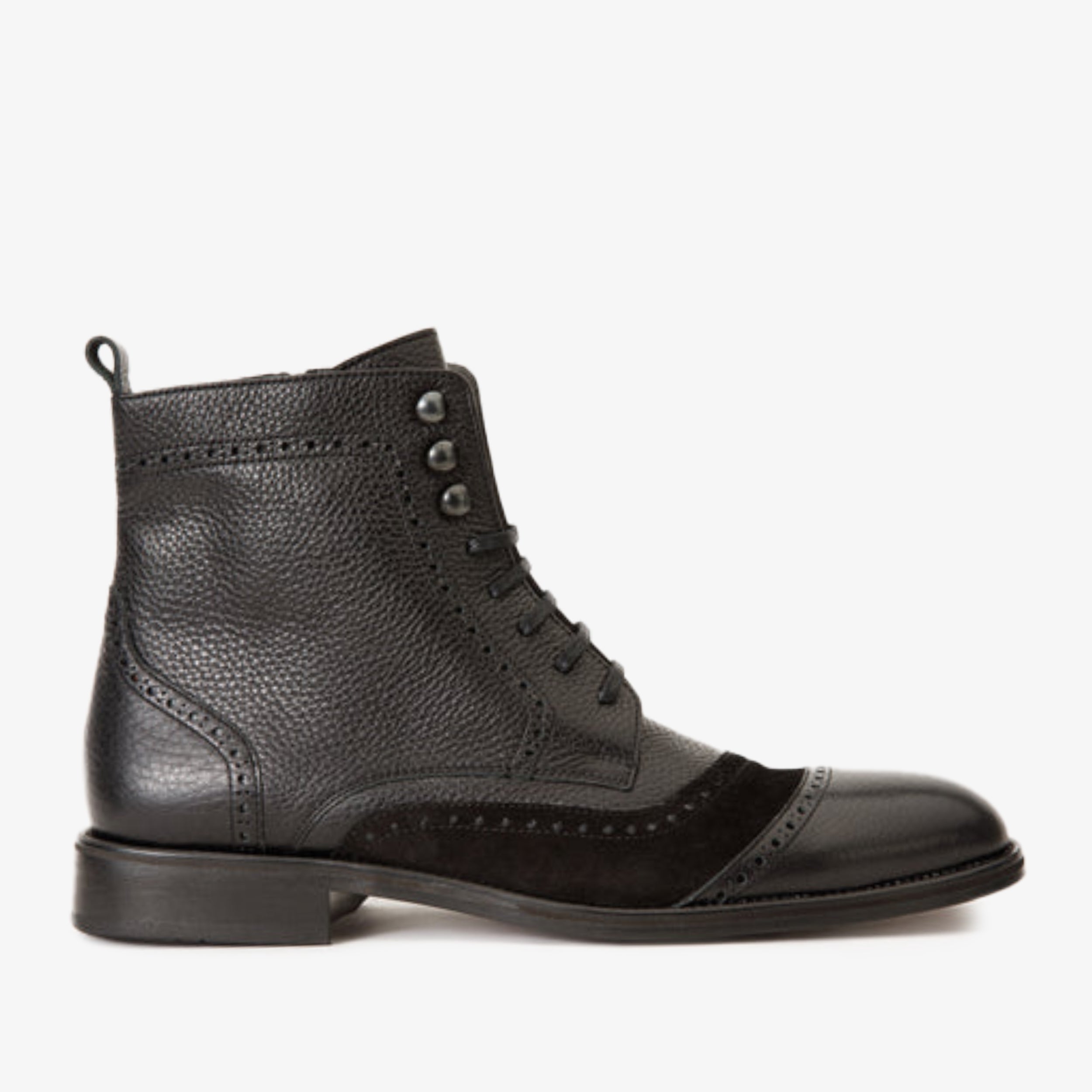 The Anderson Black Leather & Suede Brogue Lace-Up Men Boot with a Zipper
