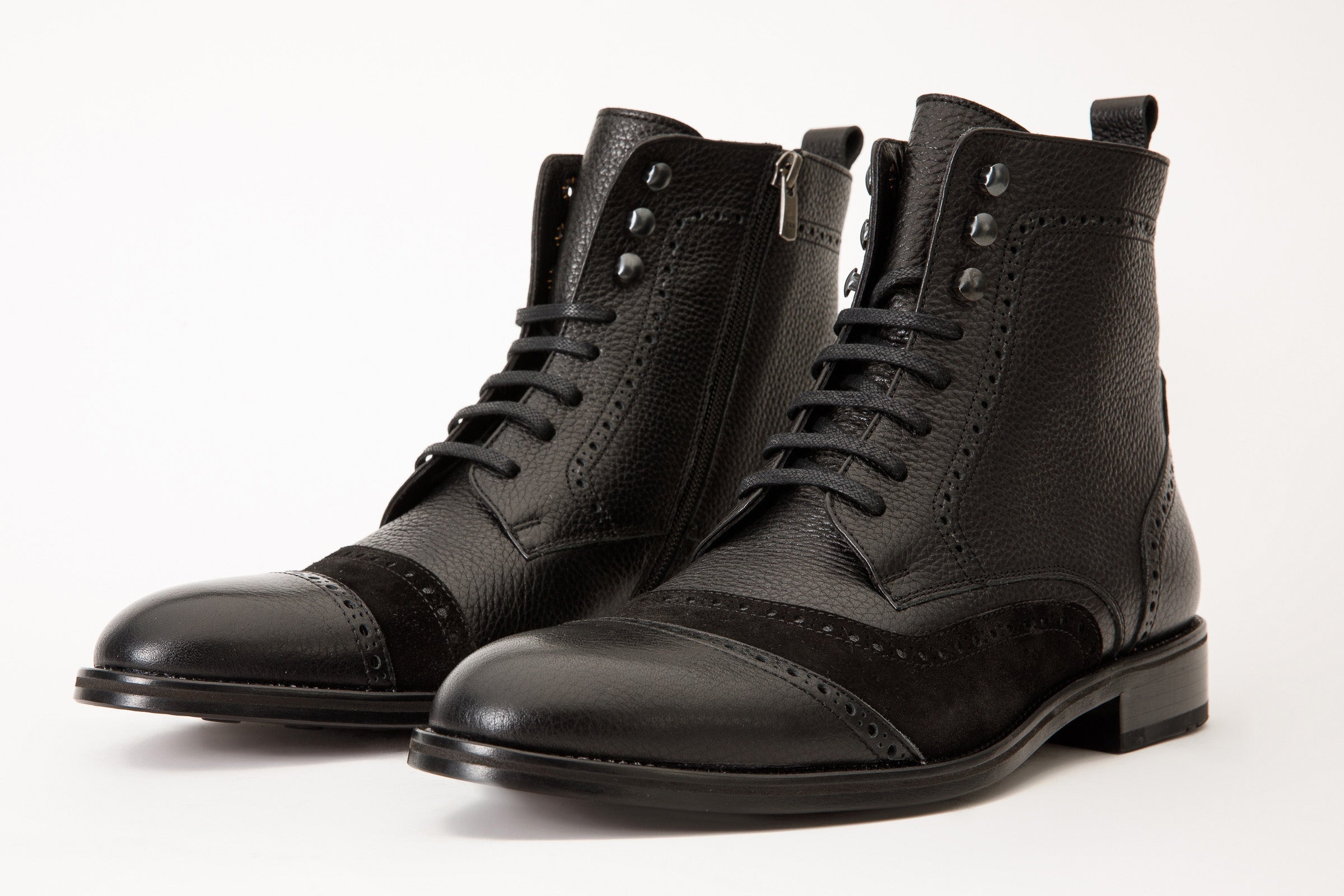 The Anderson Black Leather & Suede Brogue Lace-Up Men Boot with a Zipper