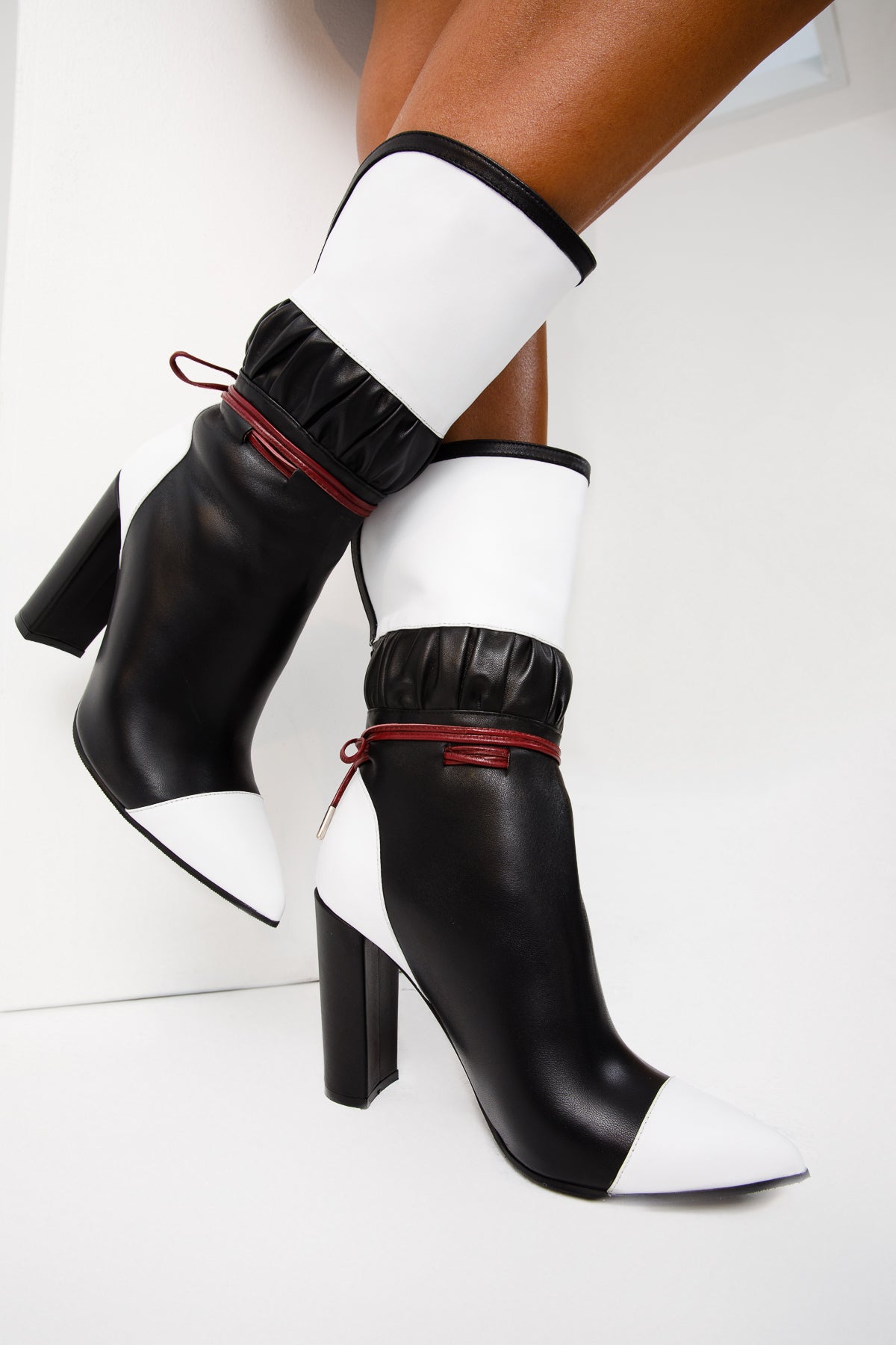 Vinci Leather The Lucca Black & White Leather Mid Calf High Heel Women Boot Limited Edition – product view 3