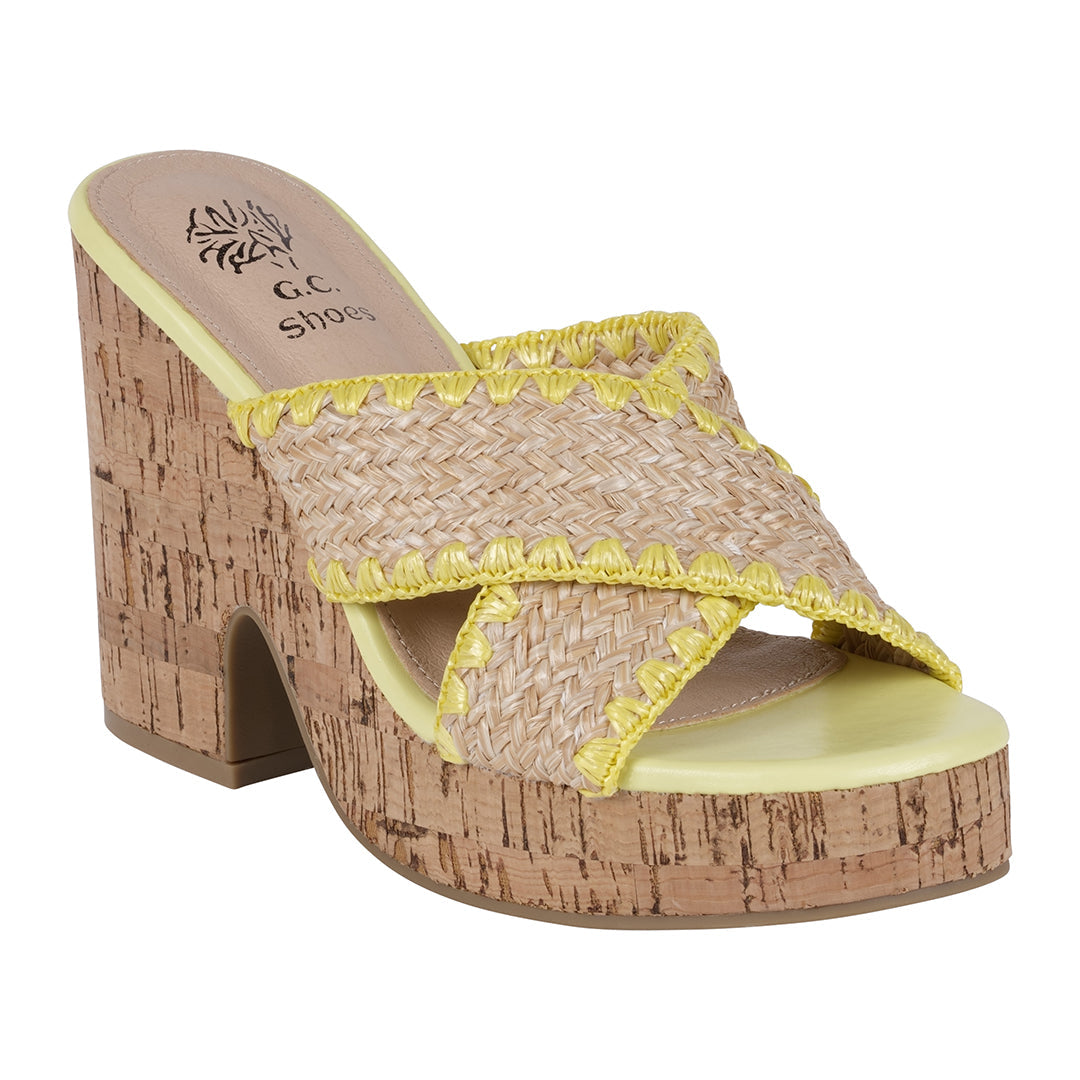 Elsa Yellow Woven Cross Strap Wooden Platform Heeled Sandals – product view 1