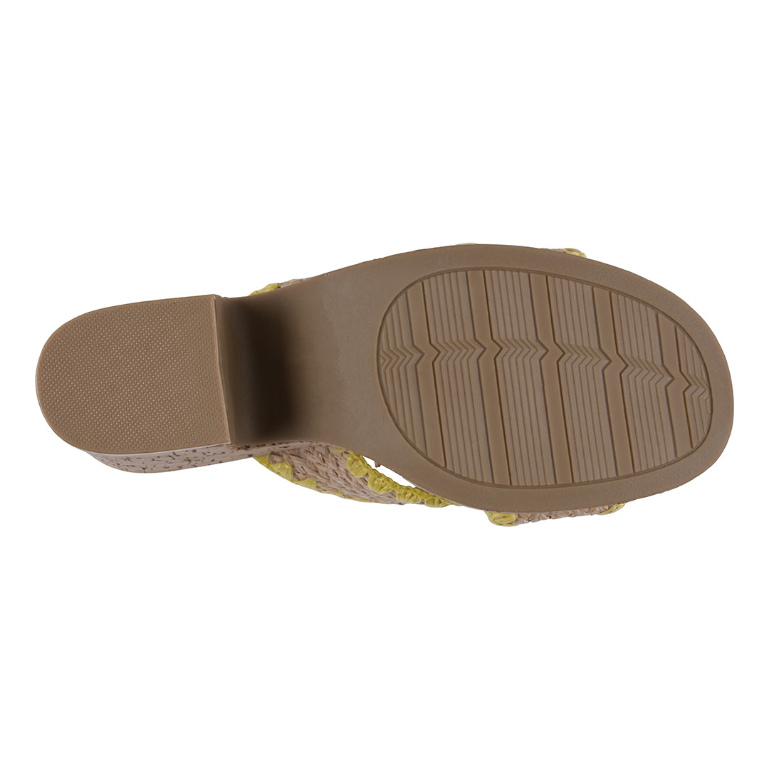 Elsa Yellow Woven Cross Strap Wooden Platform Heeled Sandals – sole view