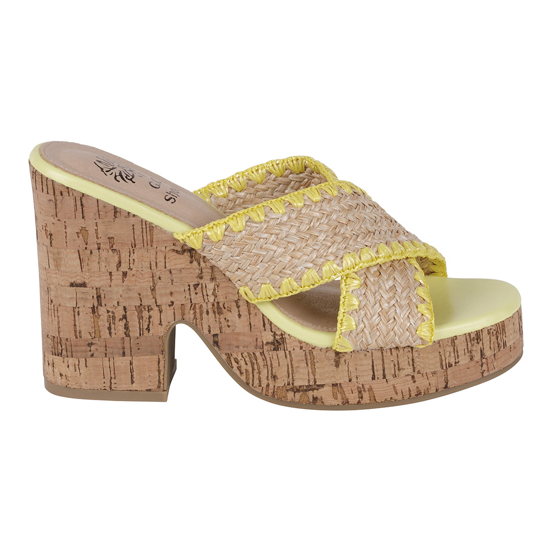 Elsa Yellow Woven Cross Strap Wooden Platform Heeled Sandals – side view