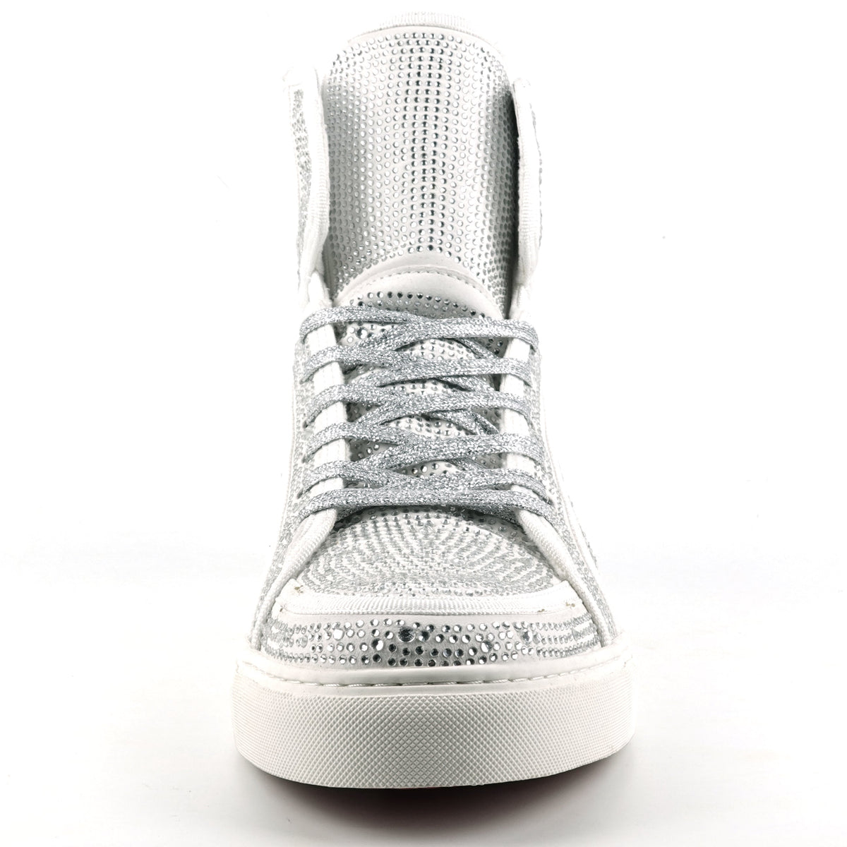 FI-2402 White Suede Clear Rhinestones High Top Sneaker Encore by Fiesso