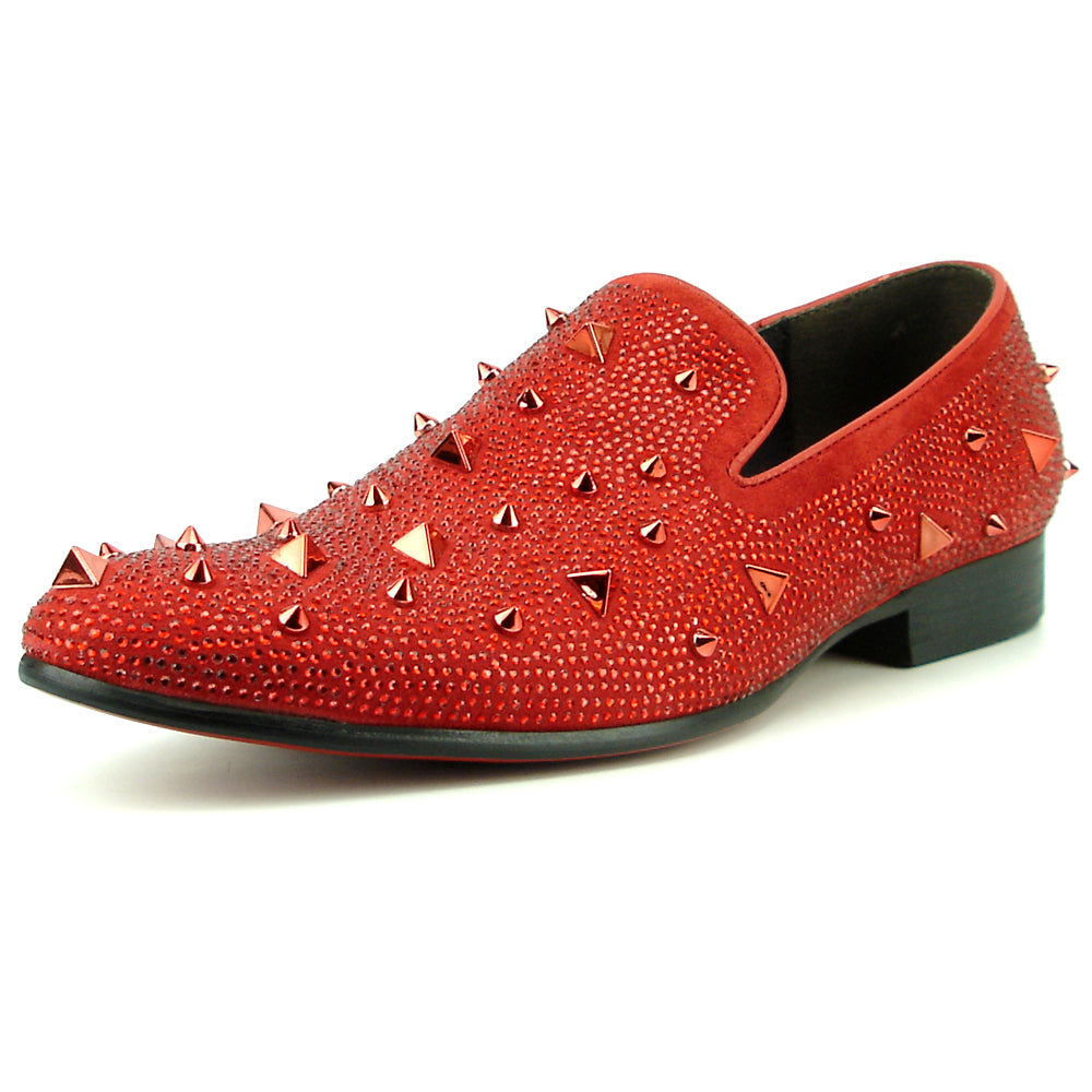 FI-7364 Red Suede Red Rhinestones and Spikes Slip on Loafer Fiesso by Aurelio Garcia